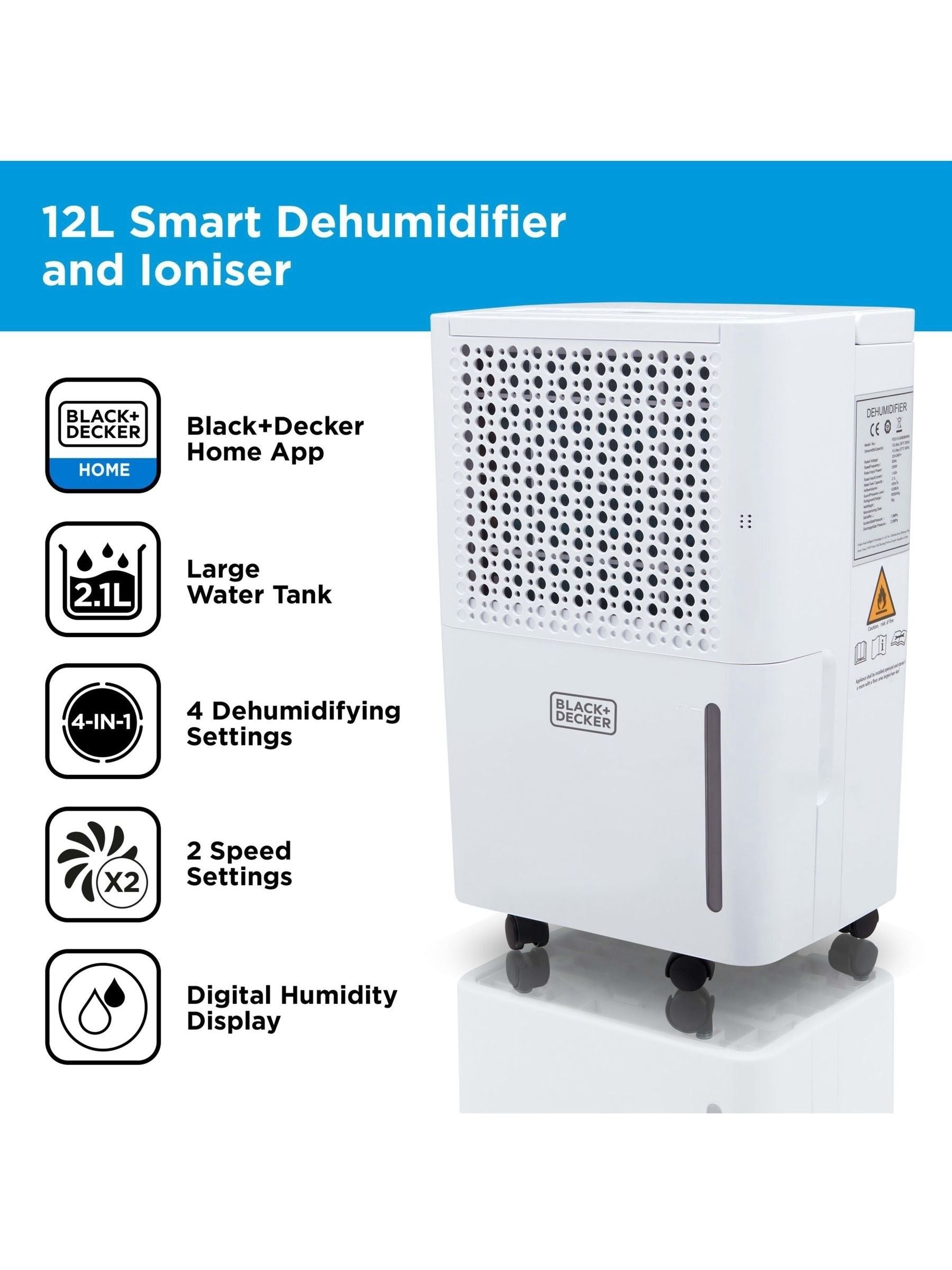 Black & Decker White 12L smart dehumidifier & ionizer with 2.1L tank - British product