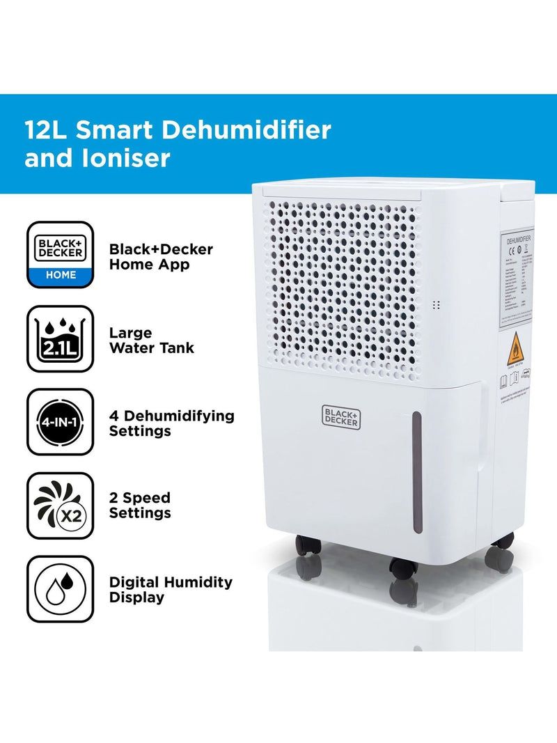 Black & Decker White 12L smart dehumidifier & ionizer with 2.1L tank - British product