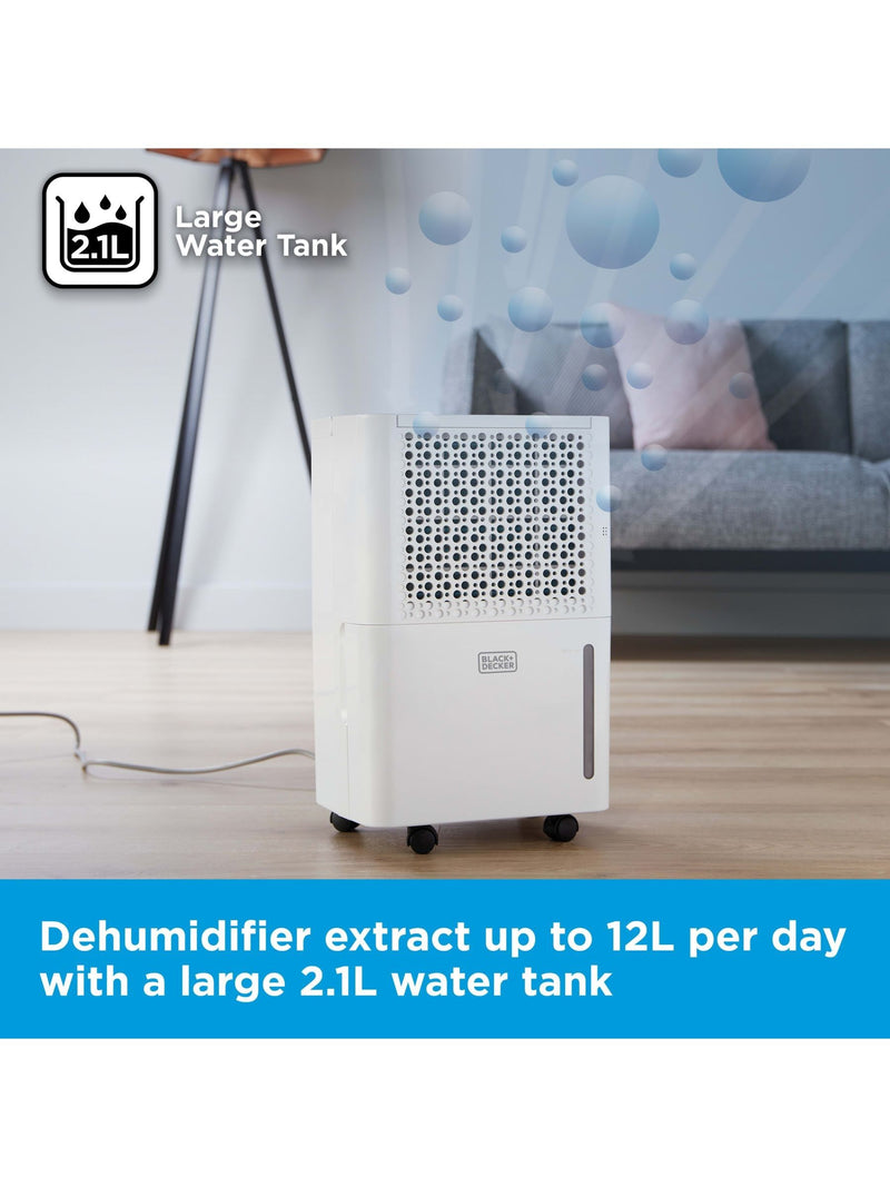 Black & Decker White 12L smart dehumidifier & ionizer with 2.1L tank - British product