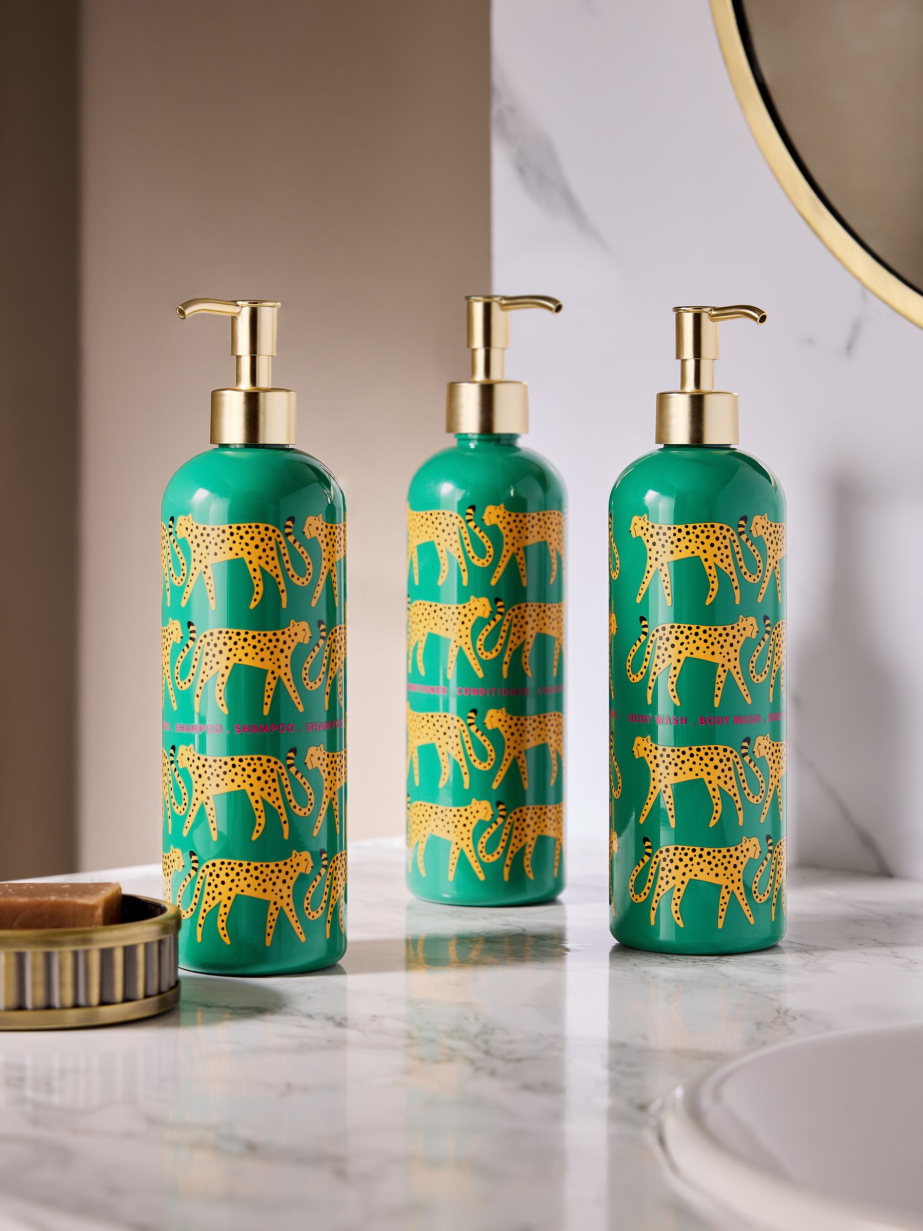 Green cheetah print refillable dispenser bottles set of 3 (British brand)