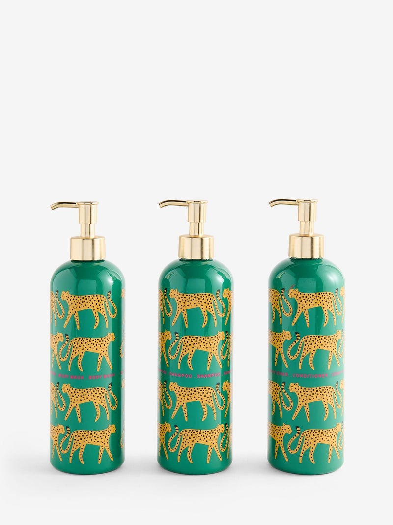 Green cheetah print refillable dispenser bottles set of 3 (British brand)