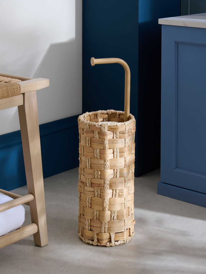 Natural seagrass toilet roll holder with metal stand, UK version