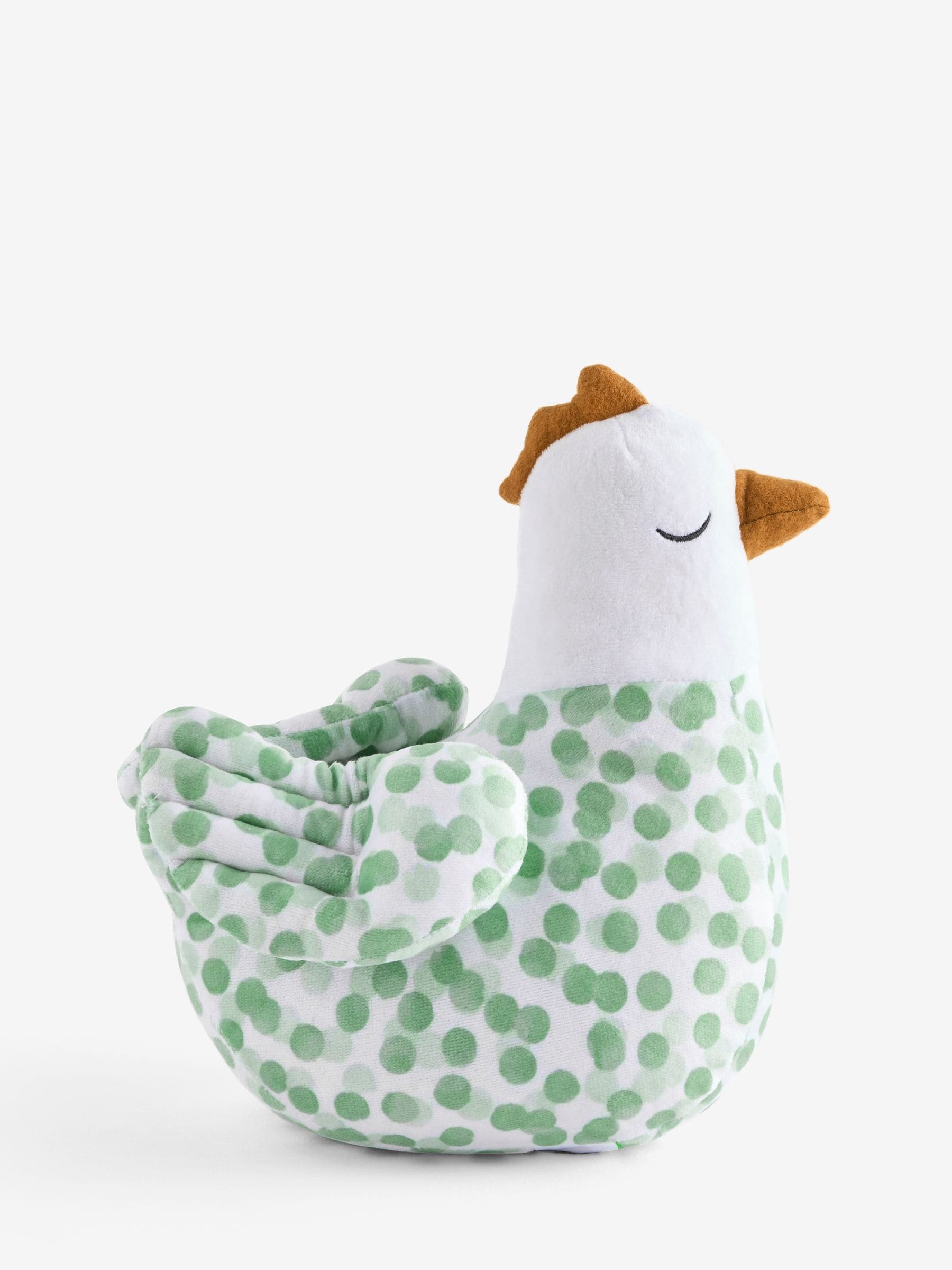 Sage green polka dot chicken doorstop, imported from the UK