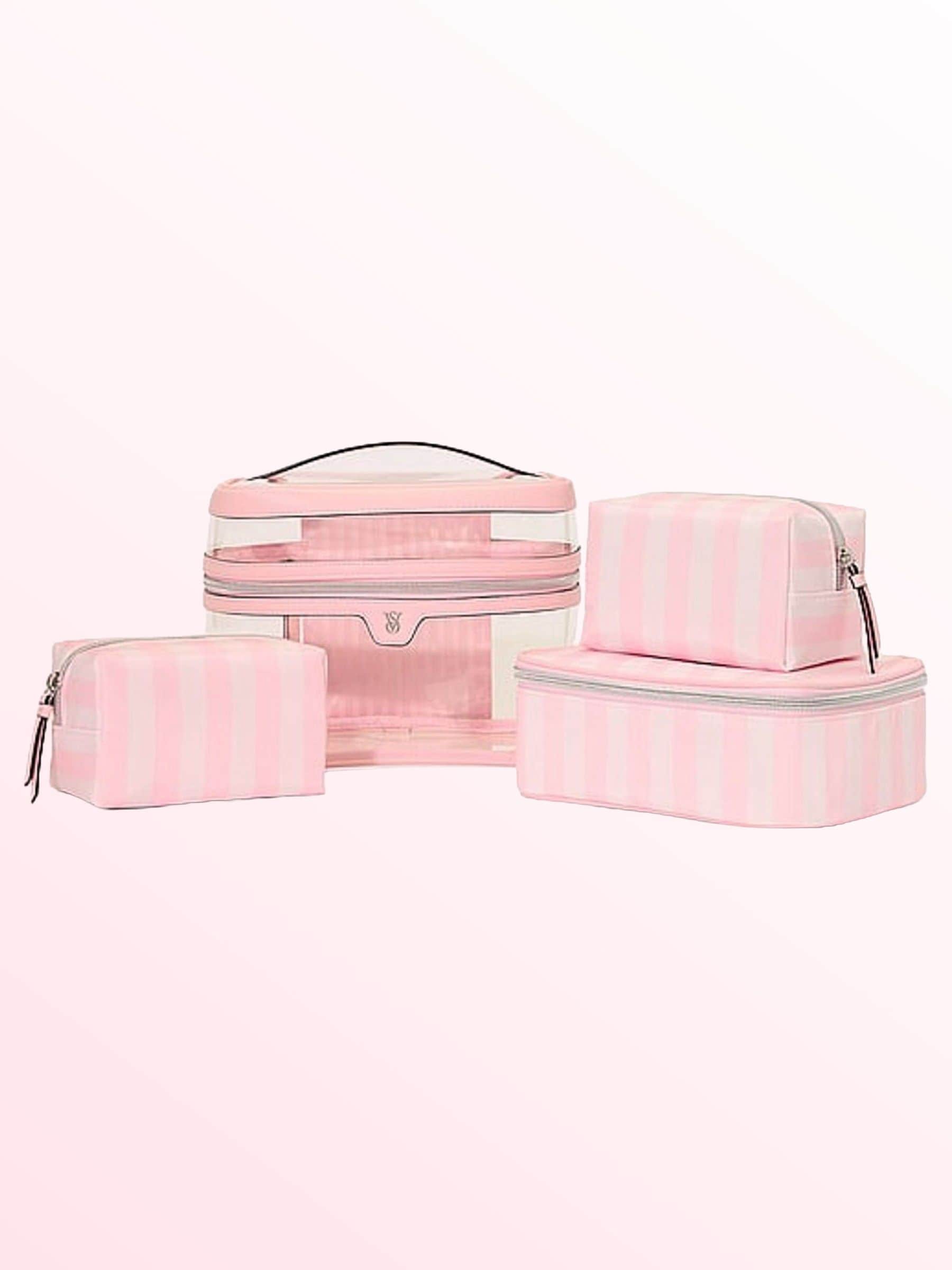 Victoria's Secret Pink and Black Stripe 4 Piece Makeup Bag Set