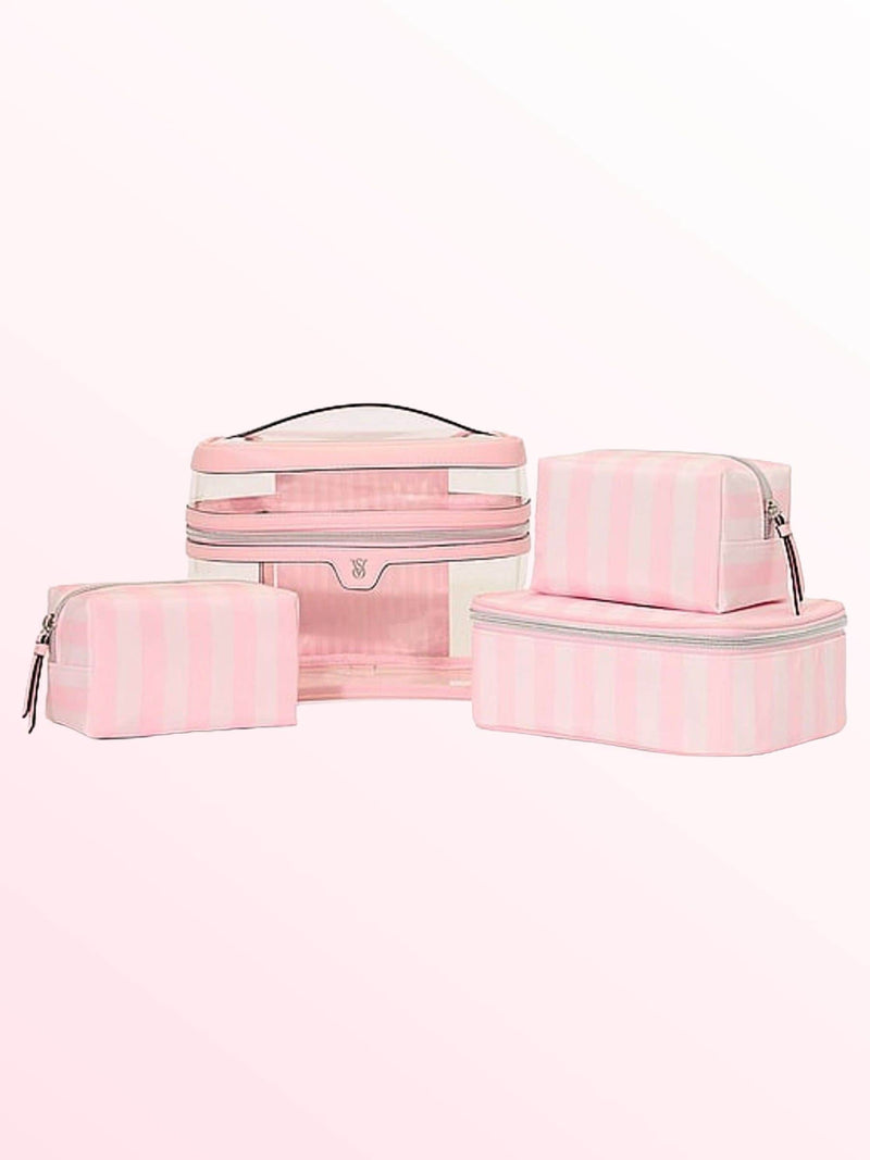 Victoria's Secret Pink and Black Stripe 4 Piece Makeup Bag Set