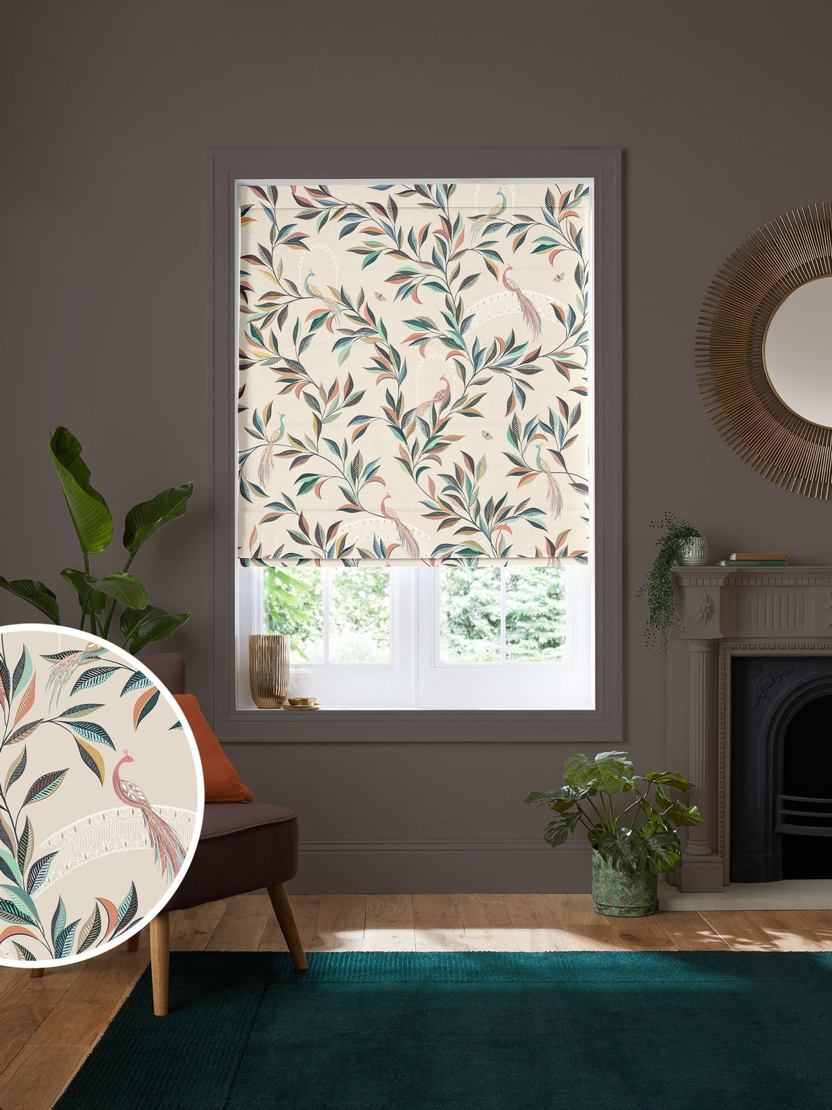 Sophie Allport ornamental peacock roman blind natural cotton - British product