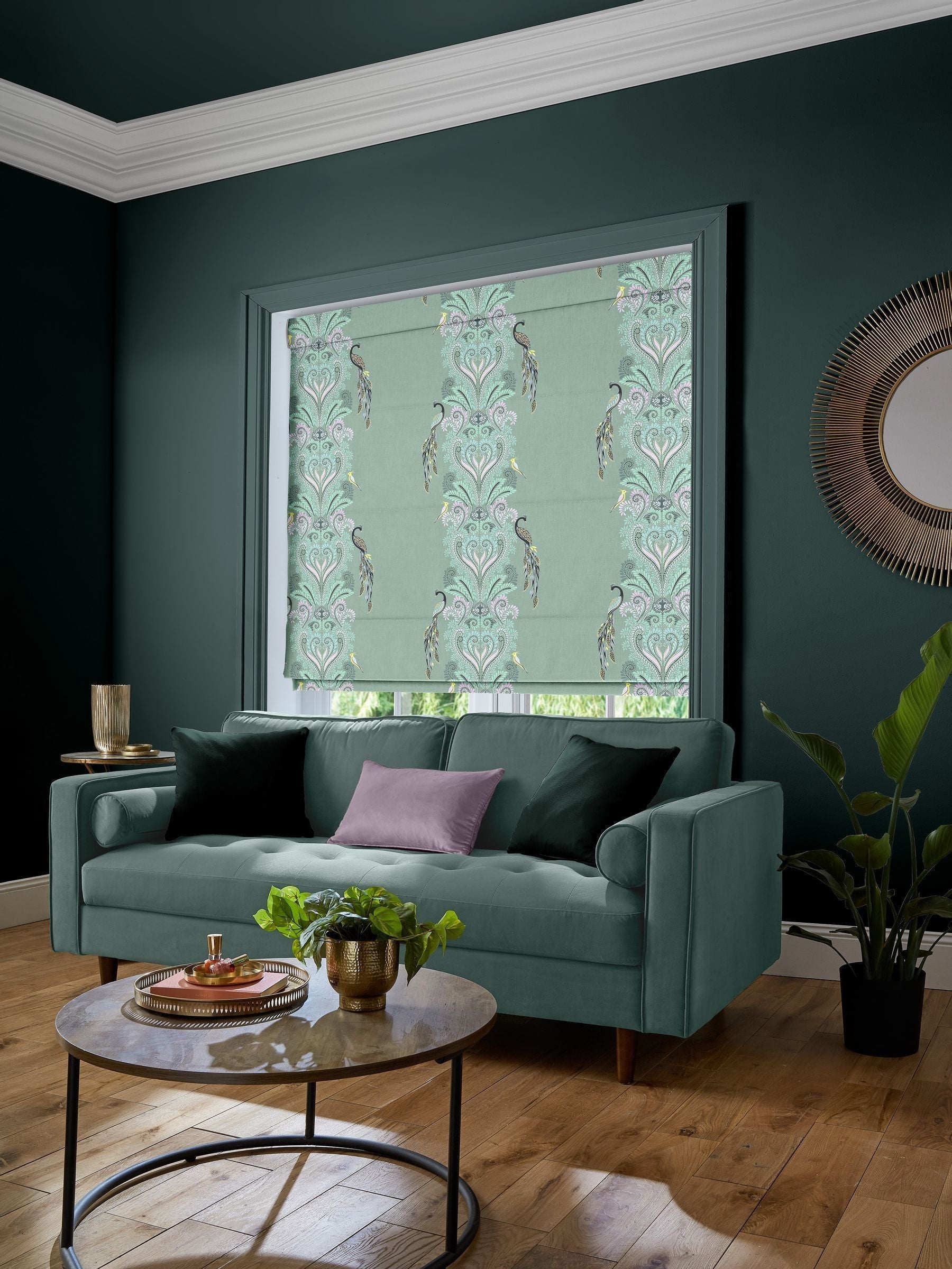 Sara Miller Roman blind sage green peacock filigree 1500x1400mm, imported from the UK