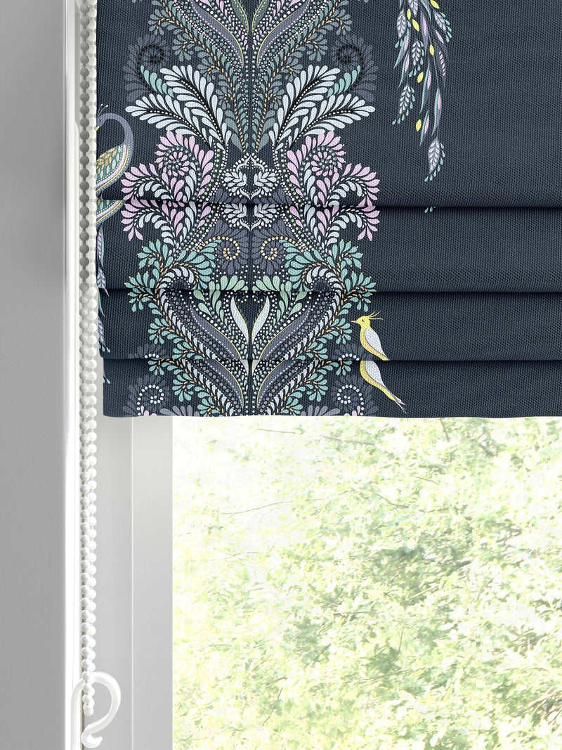Sara Miller faux silk roman blind petrol blue peacock filigree (British brand)