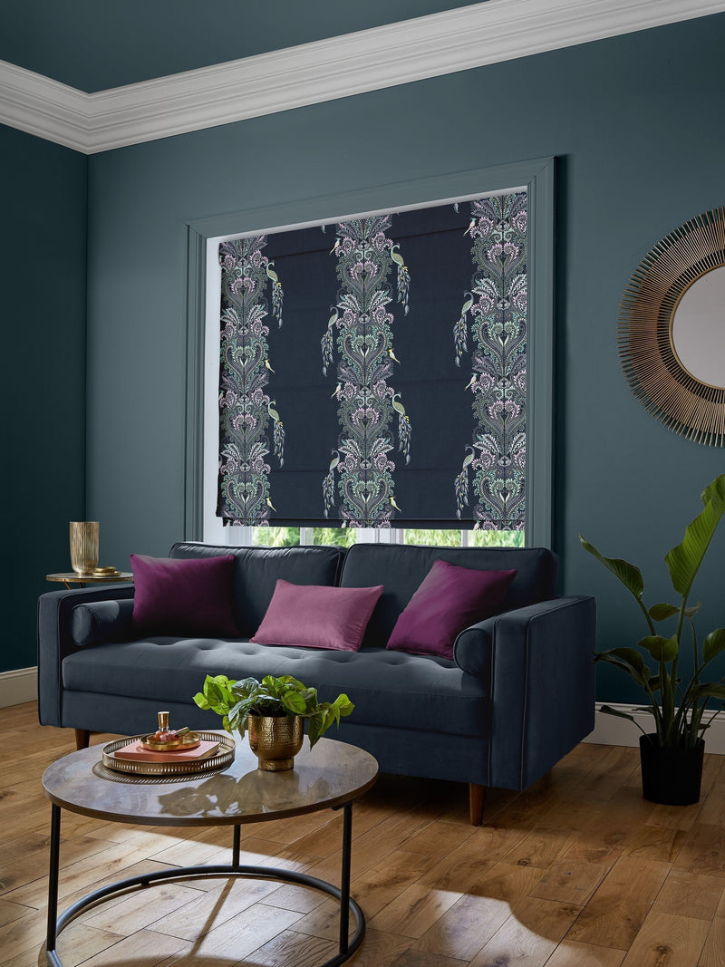 Sara Miller faux silk roman blind petrol blue peacock filigree (British brand)