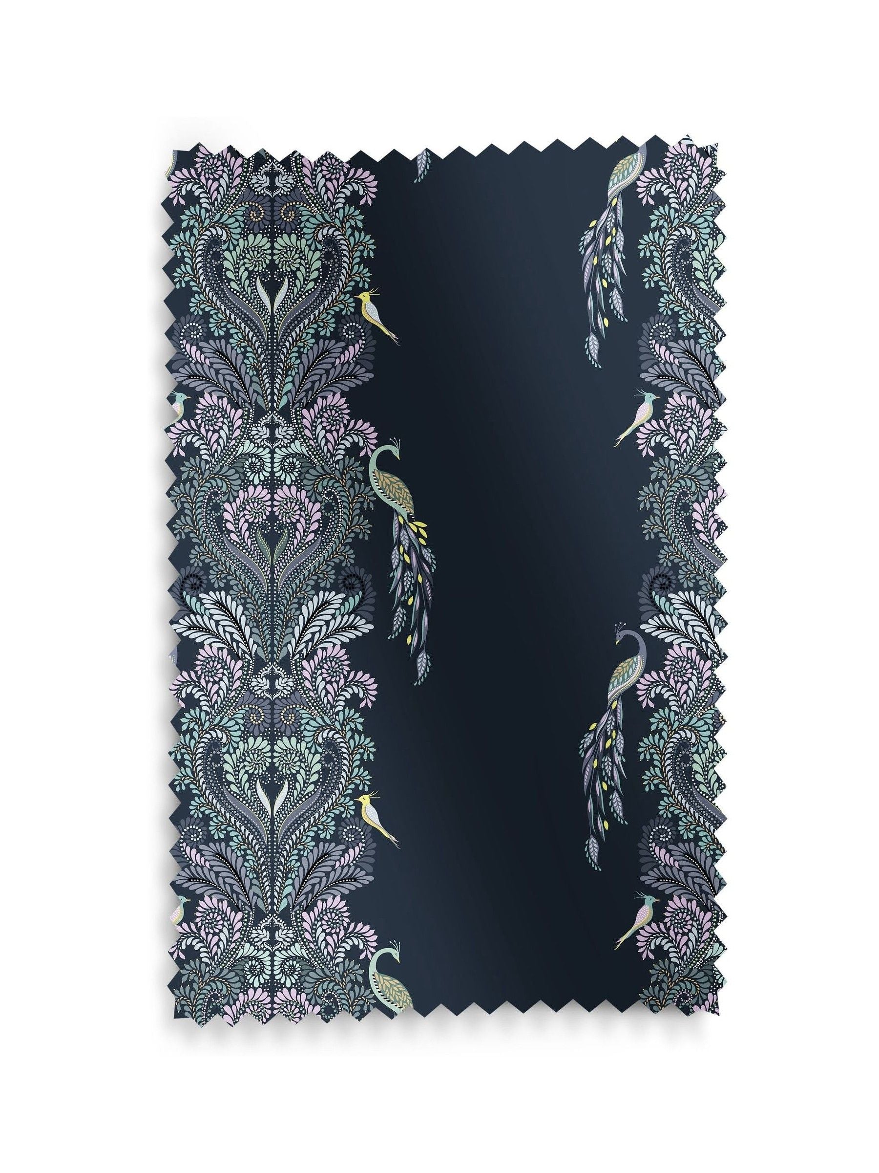 Sara Miller faux silk roman blind petrol blue peacock filigree (British brand)