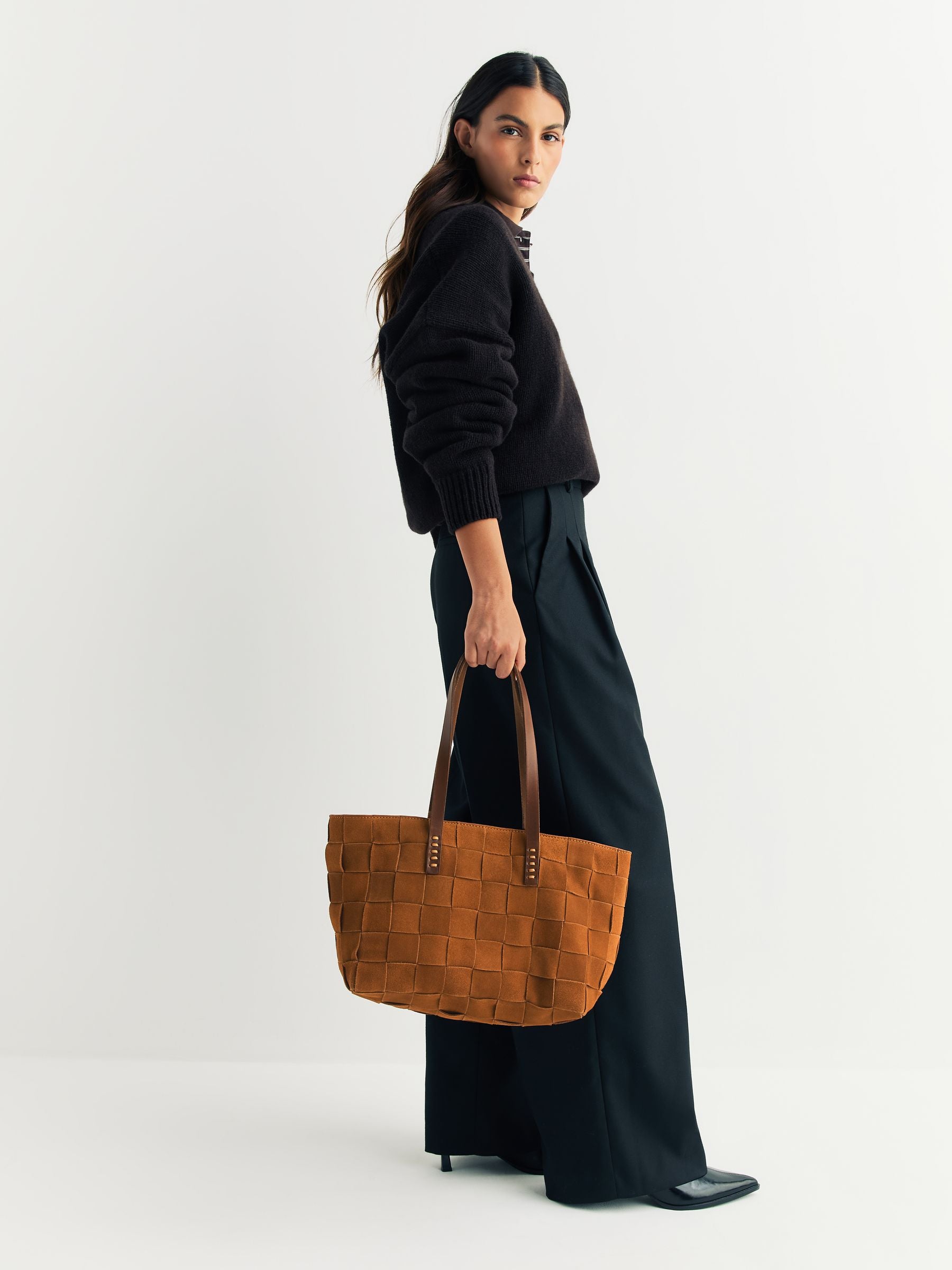 Dragon Diffusion suede tote bag with basket-weave design, imported from the UK
