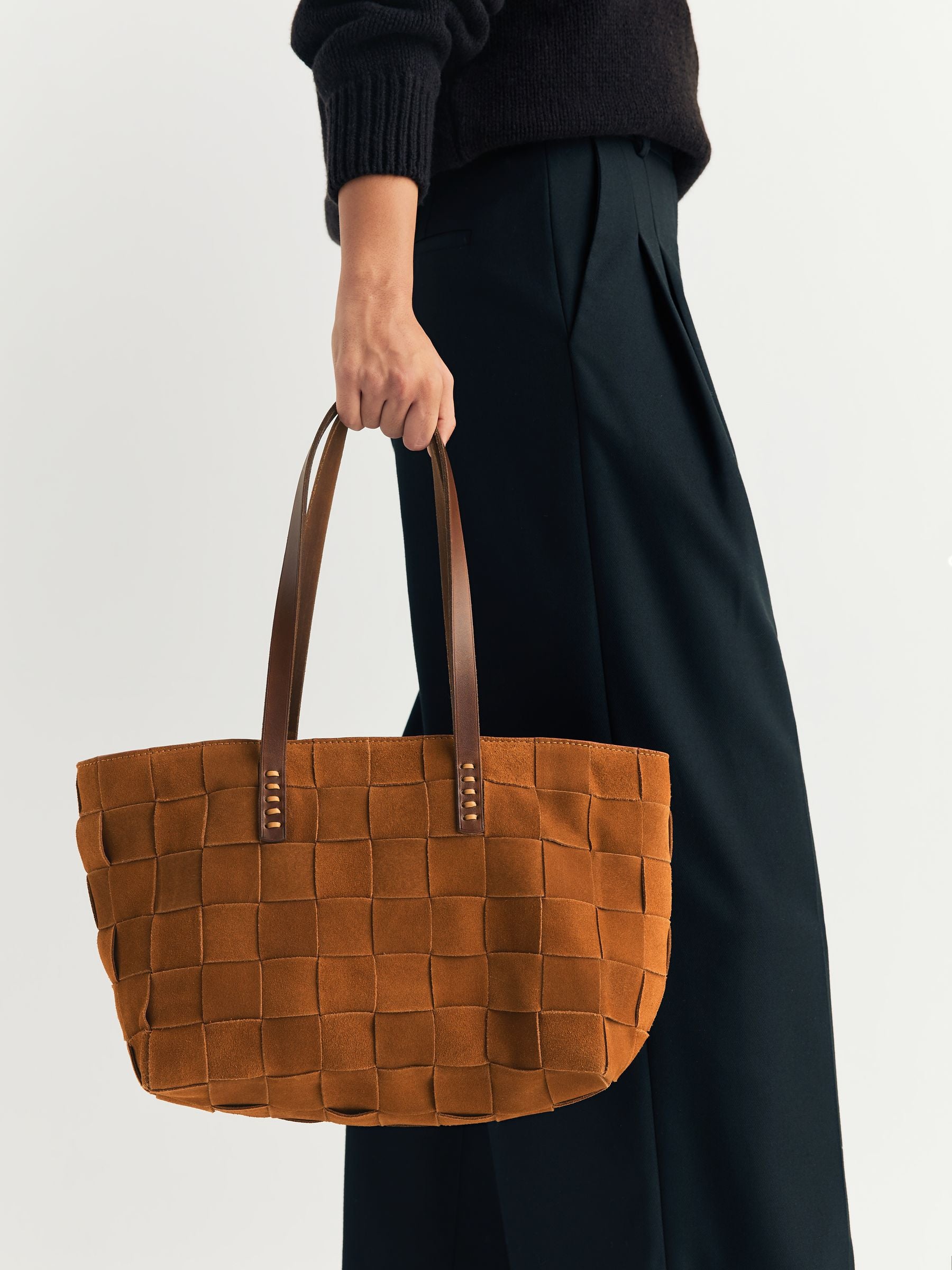 Dragon Diffusion suede tote bag with basket-weave design, imported from the UK
