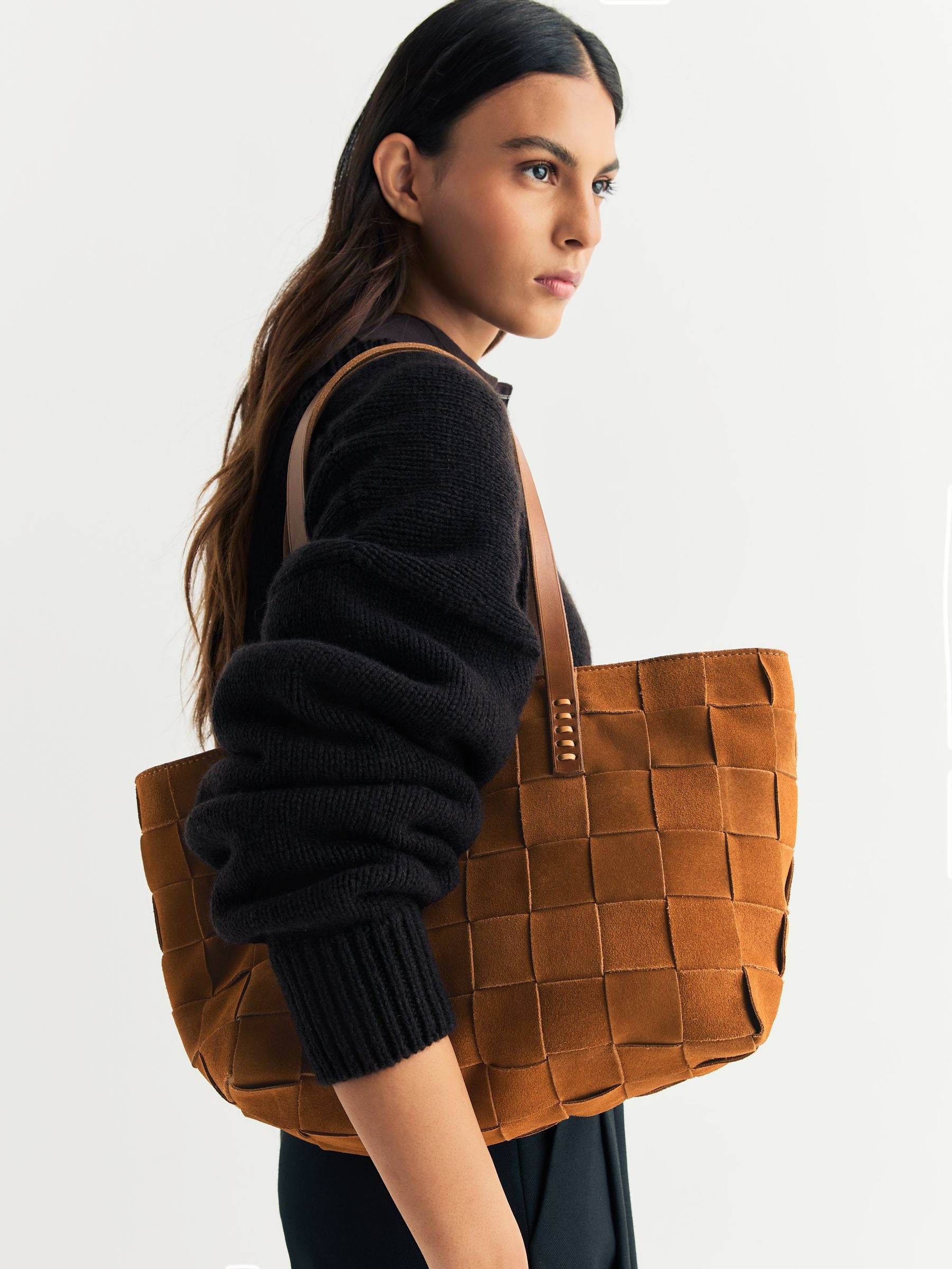 Dragon Diffusion suede tote bag with basket-weave design, imported from the UK