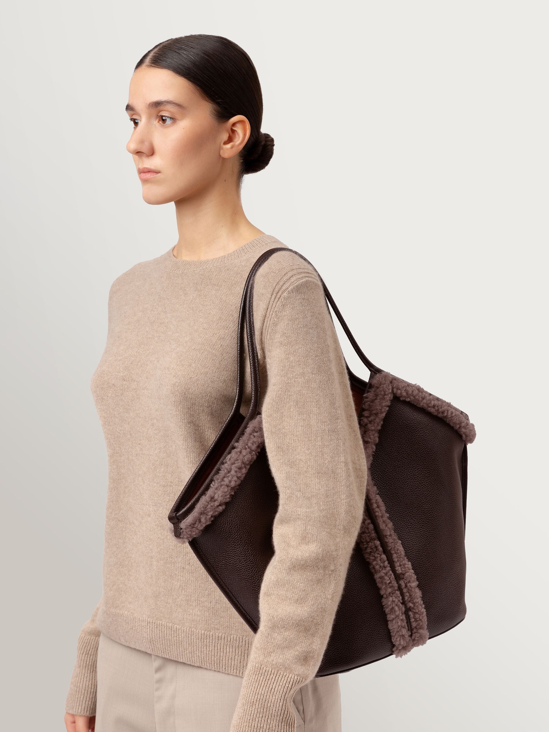 Hereu brown Calella curly shearling trim tote bag (British brand)