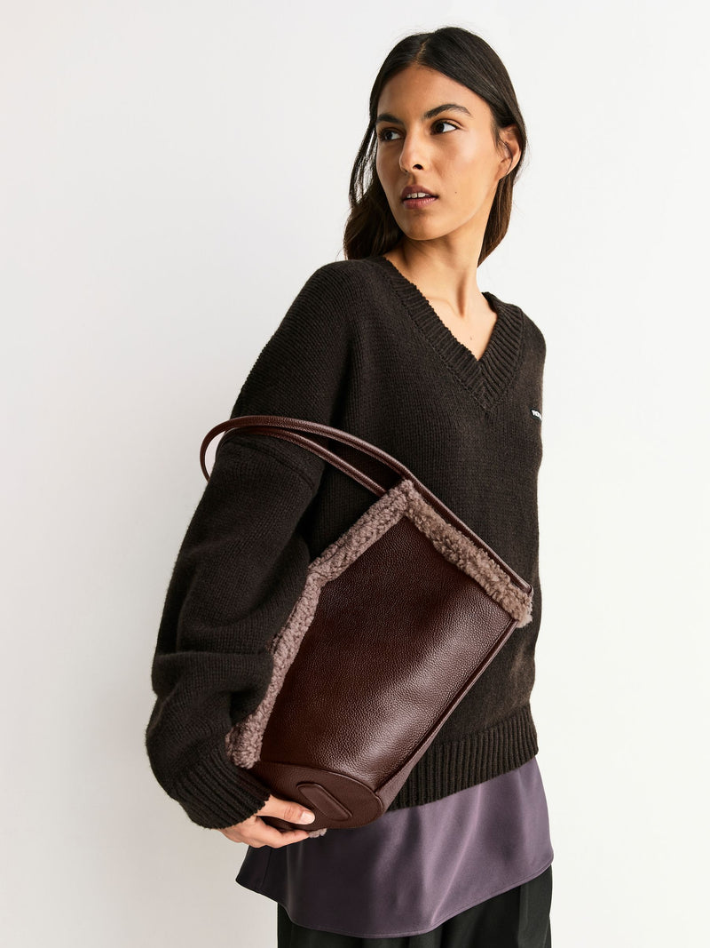 Hereu brown Calella curly shearling trim tote bag (British brand)