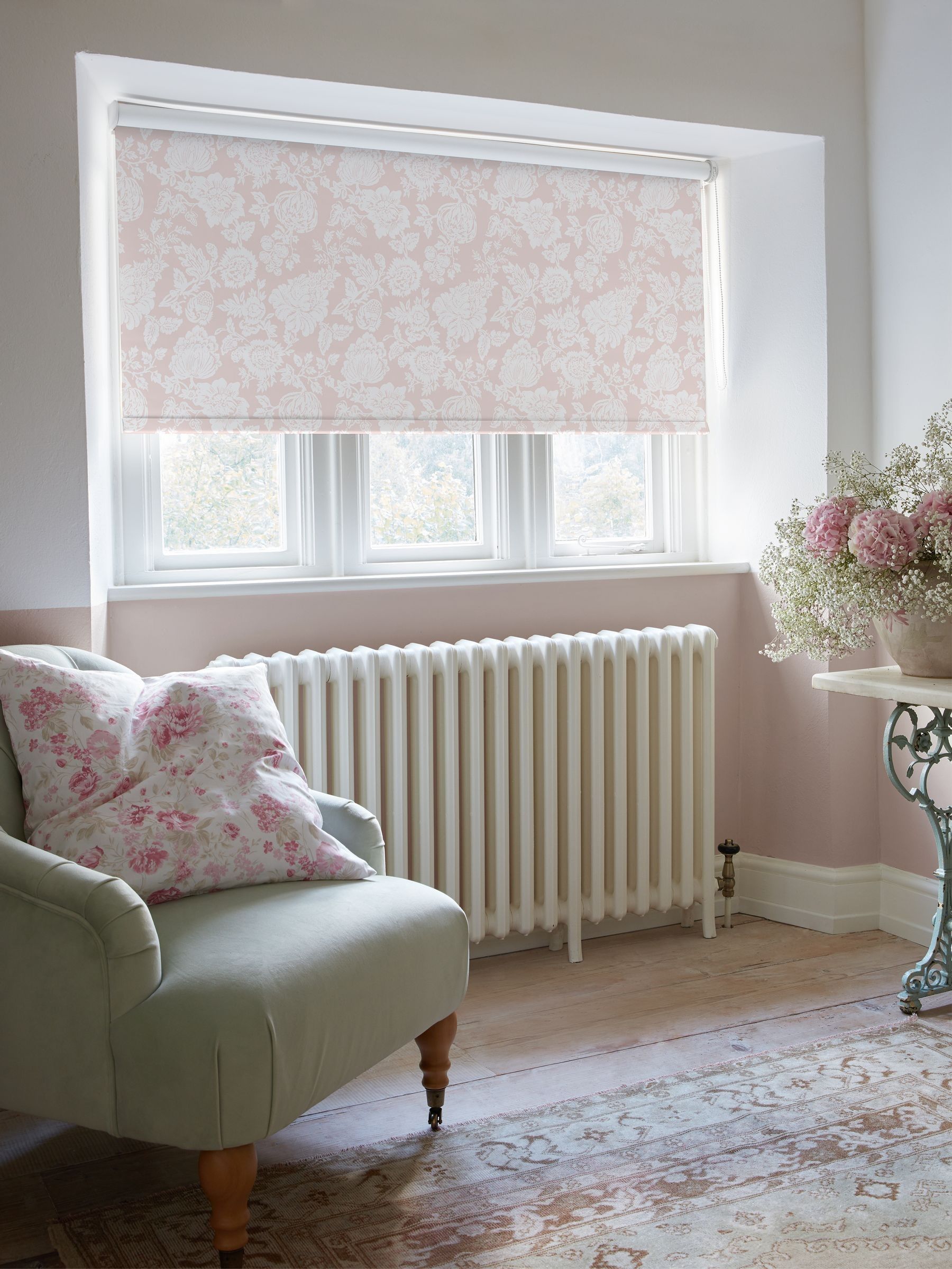Shabby Chic Dusky Pink Stipple blackout roller blind (British brand)