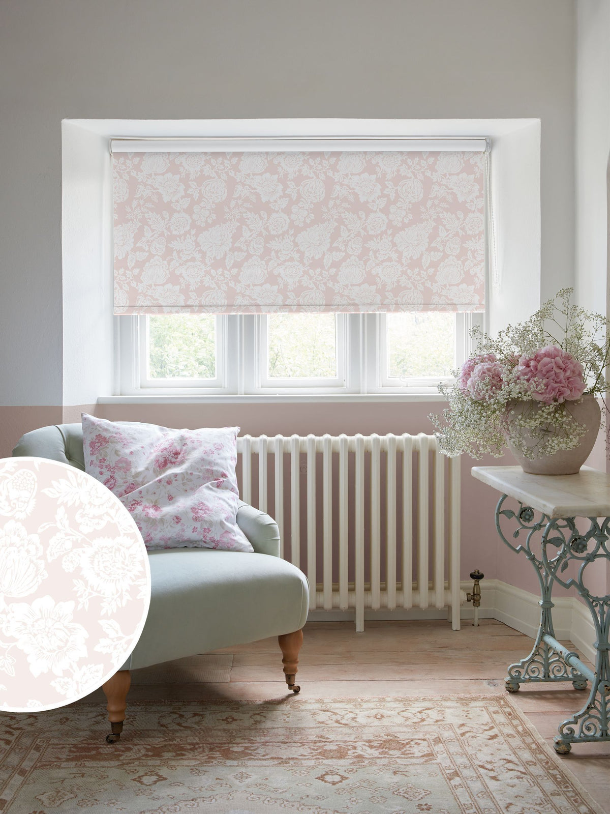 Shabby Chic Dusky Pink Stipple blackout roller blind (British brand)
