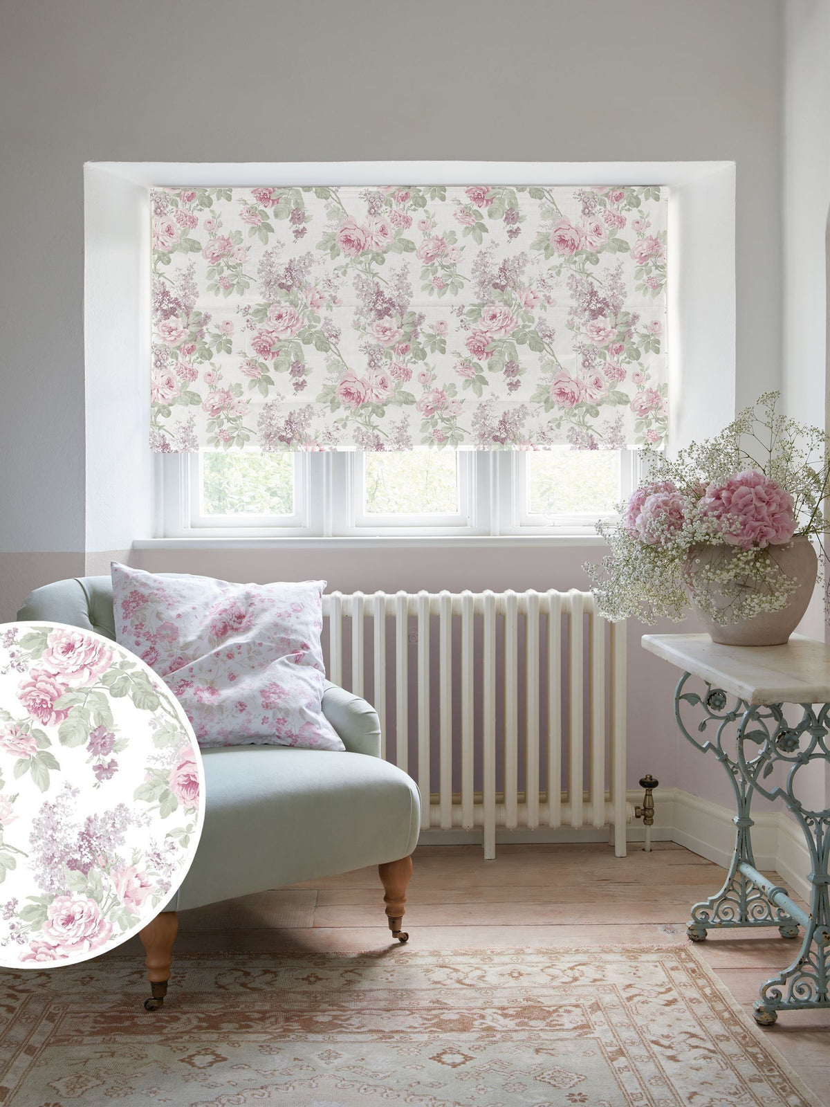 Shabby Chic roman blind lilac purple wild garden, imported from the UK