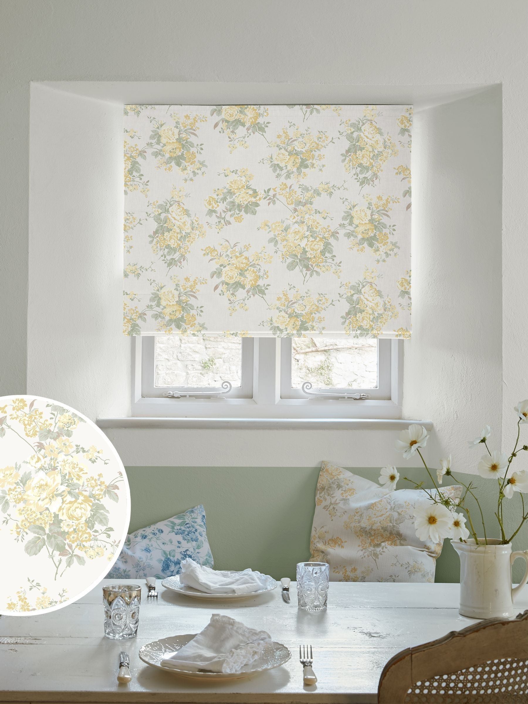 Shabby Chic yellow rose chintz roman blind, imported from the UK