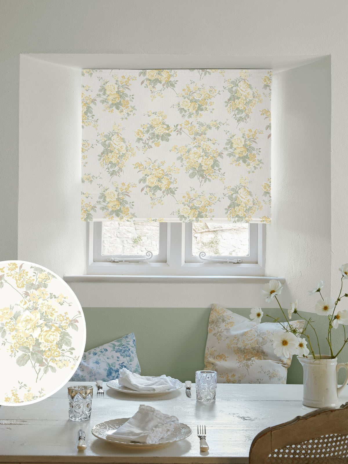 Shabby Chic yellow rose chintz roman blind, imported from the UK