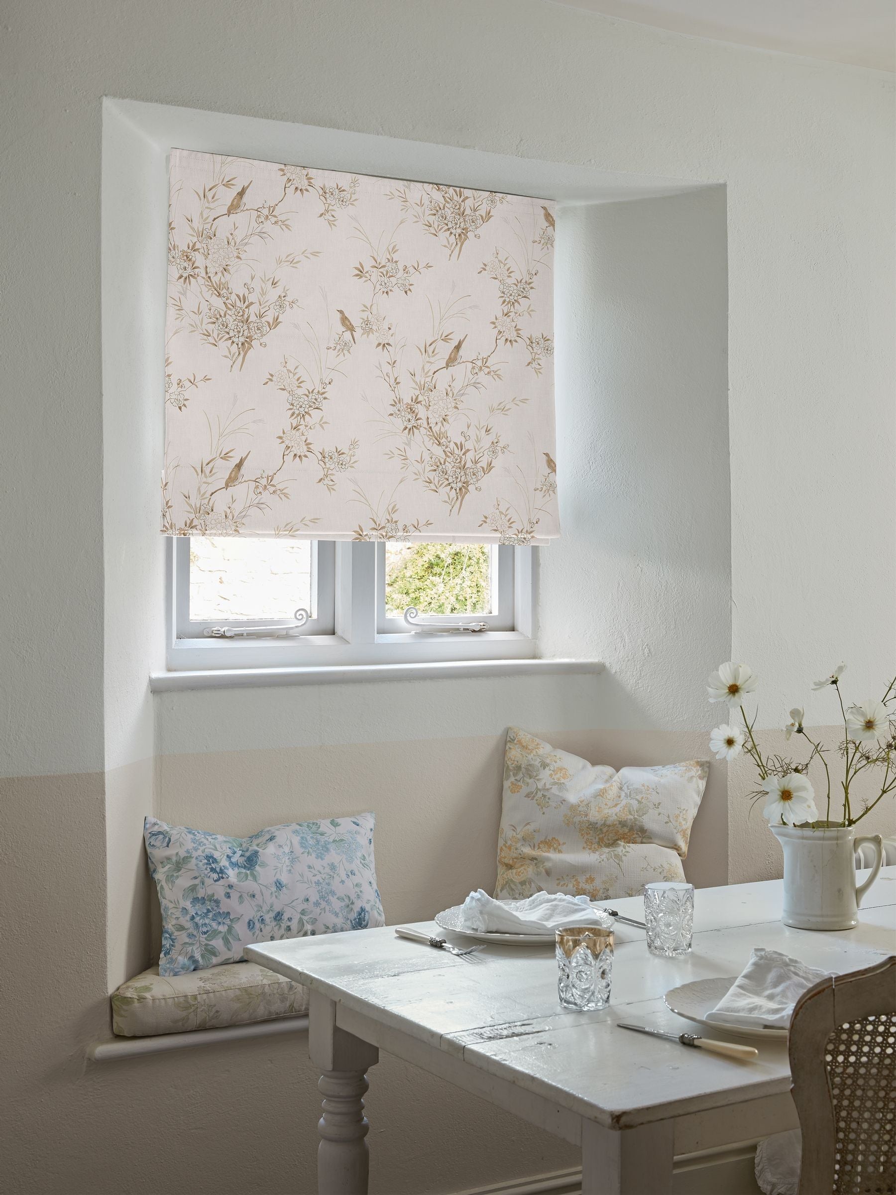 Shabby Chic roman blind pink tan bird chinoiserie, UK version