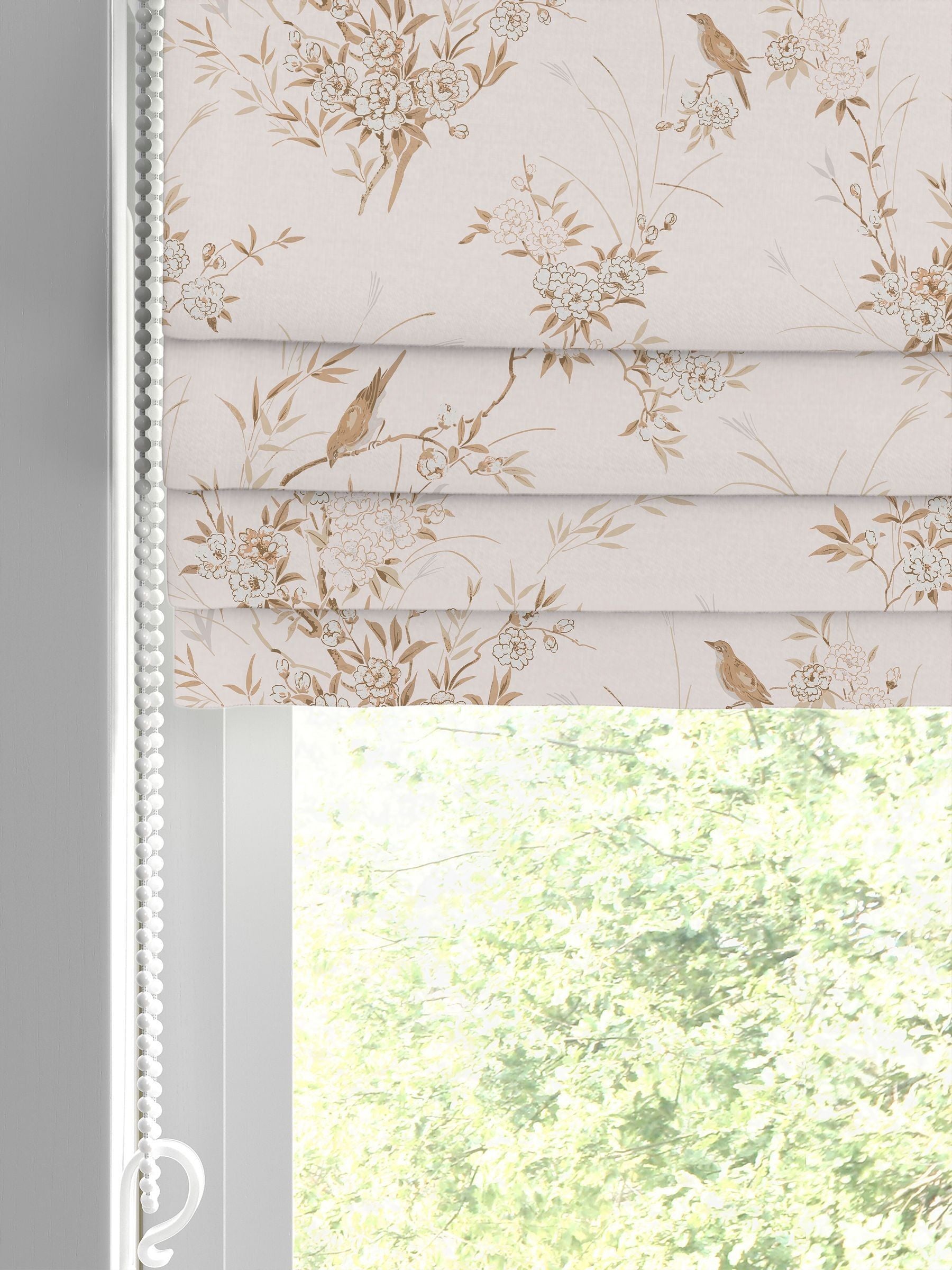 Shabby Chic roman blind pink tan bird chinoiserie, UK version