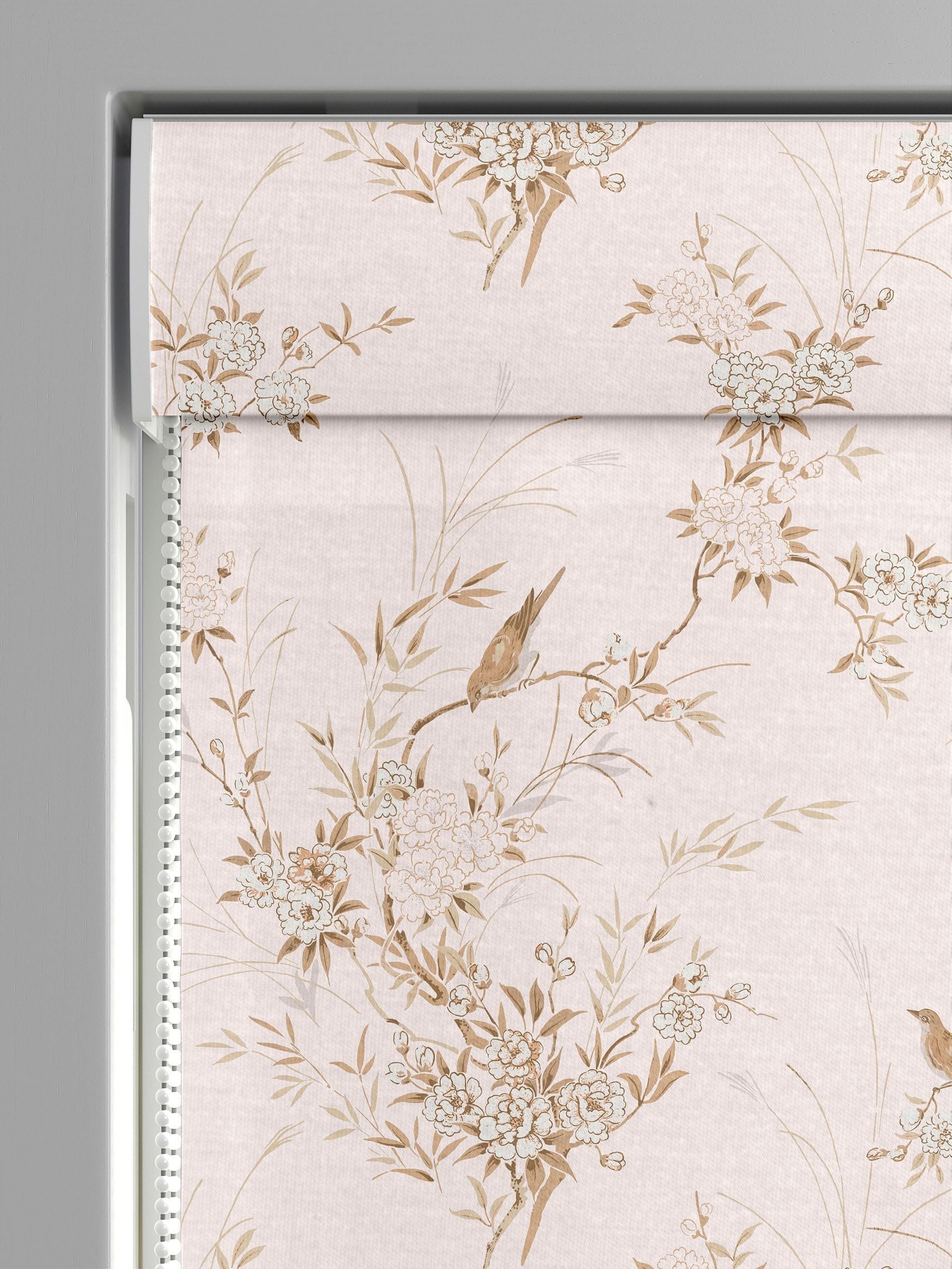 Shabby Chic roman blind pink tan bird chinoiserie, UK version