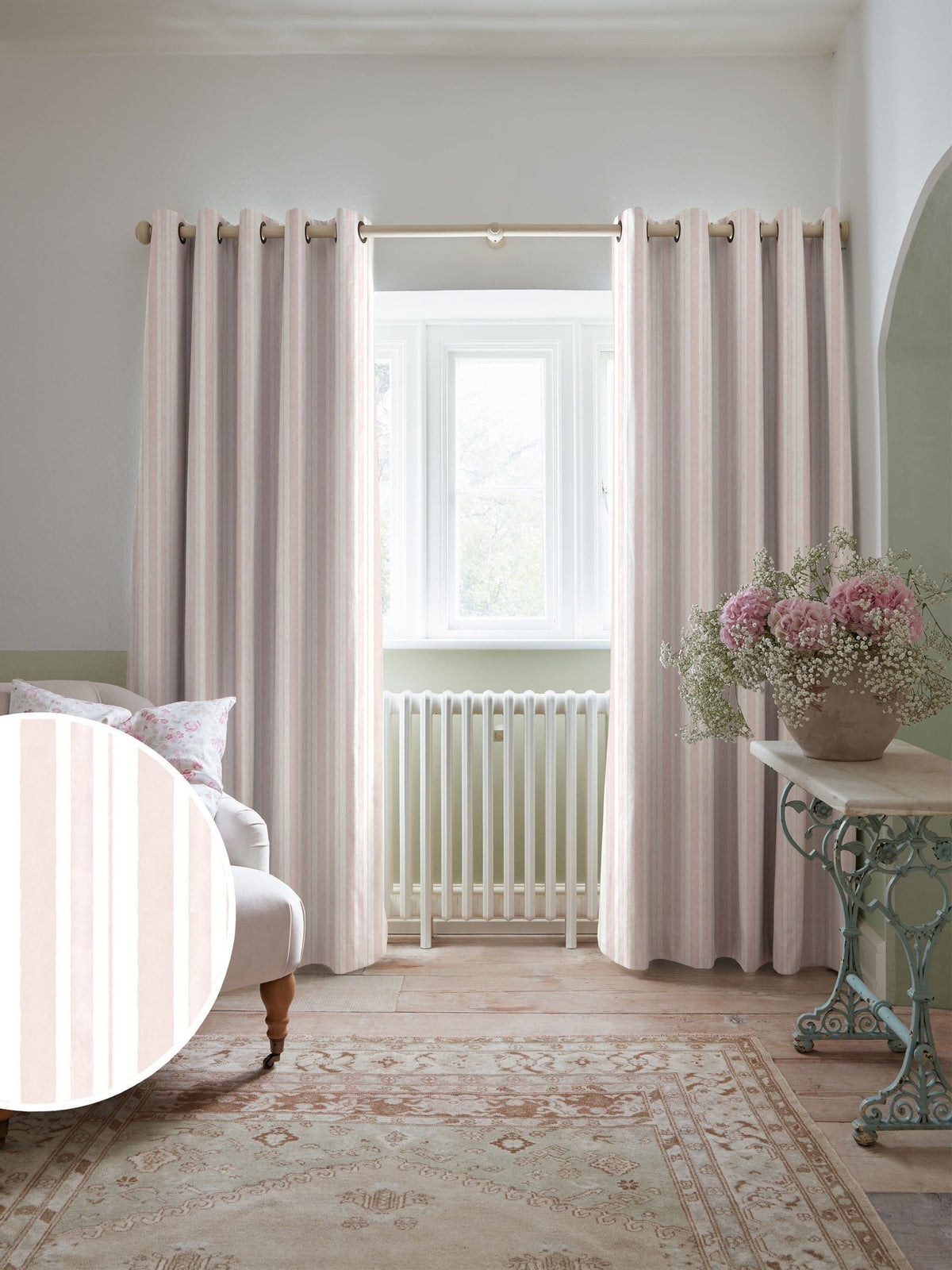 Shabby Chic blush pink watercolour stripe curtains, imported from the UK