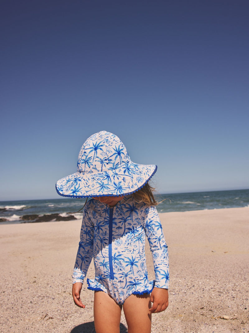 Blue palm print swim hat UPF 50+ for children - British product