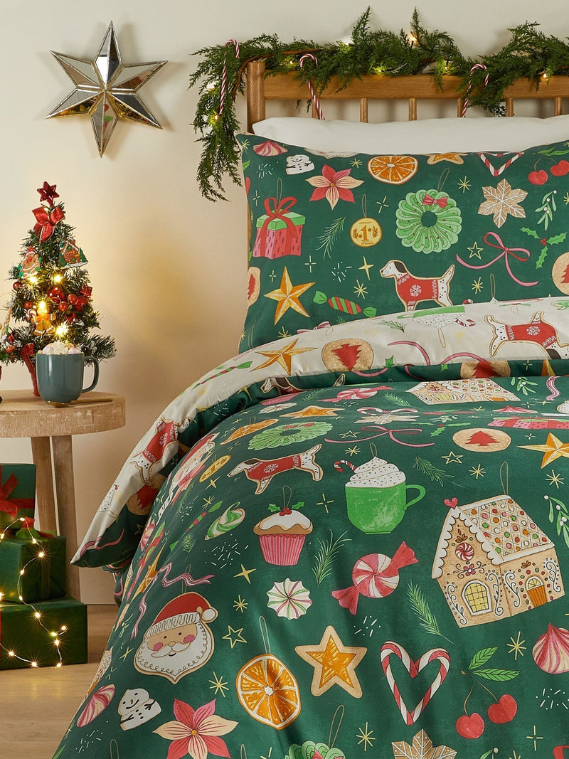 Duvet cover set with Emerald Christmas Festive Treats design - British product