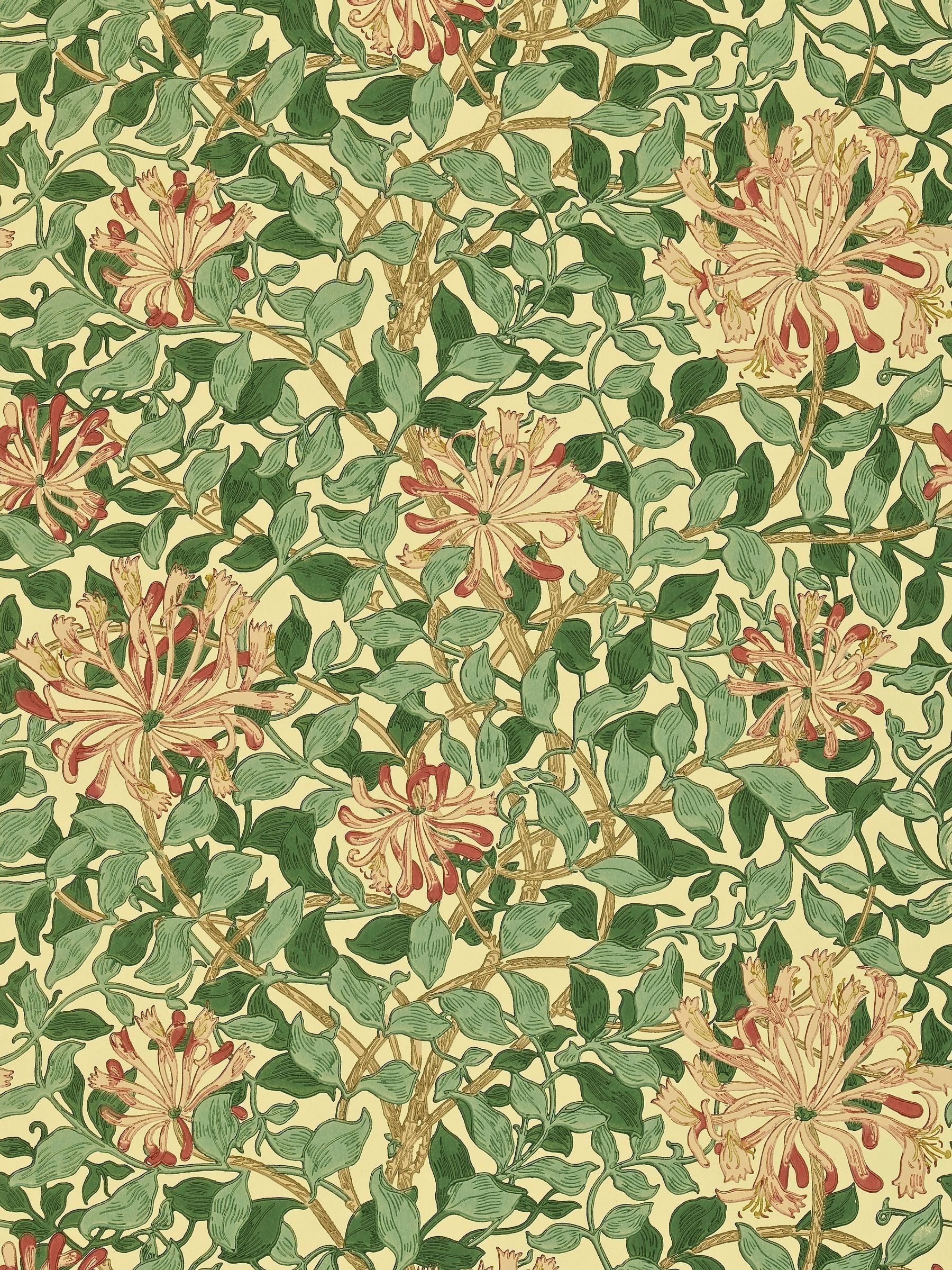 Morris & Co Honeysuckle Green Coral Pink wallpaper sample A4, UK version