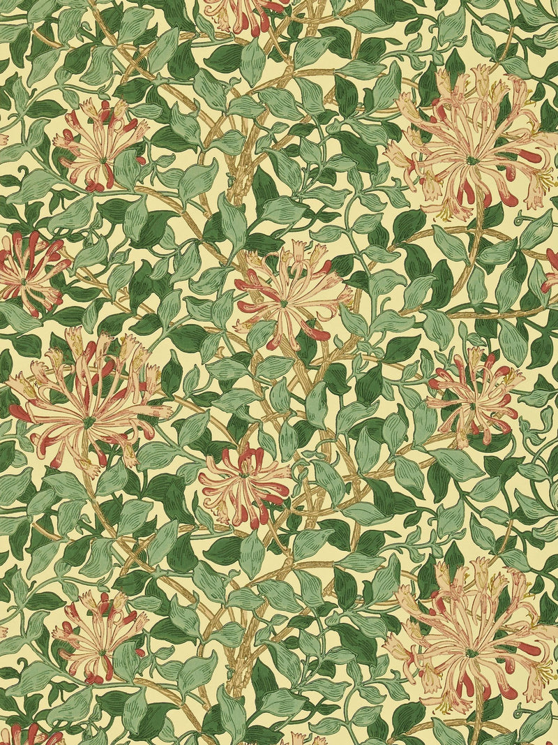 Morris & Co Honeysuckle Green Coral Pink wallpaper sample A4, UK version