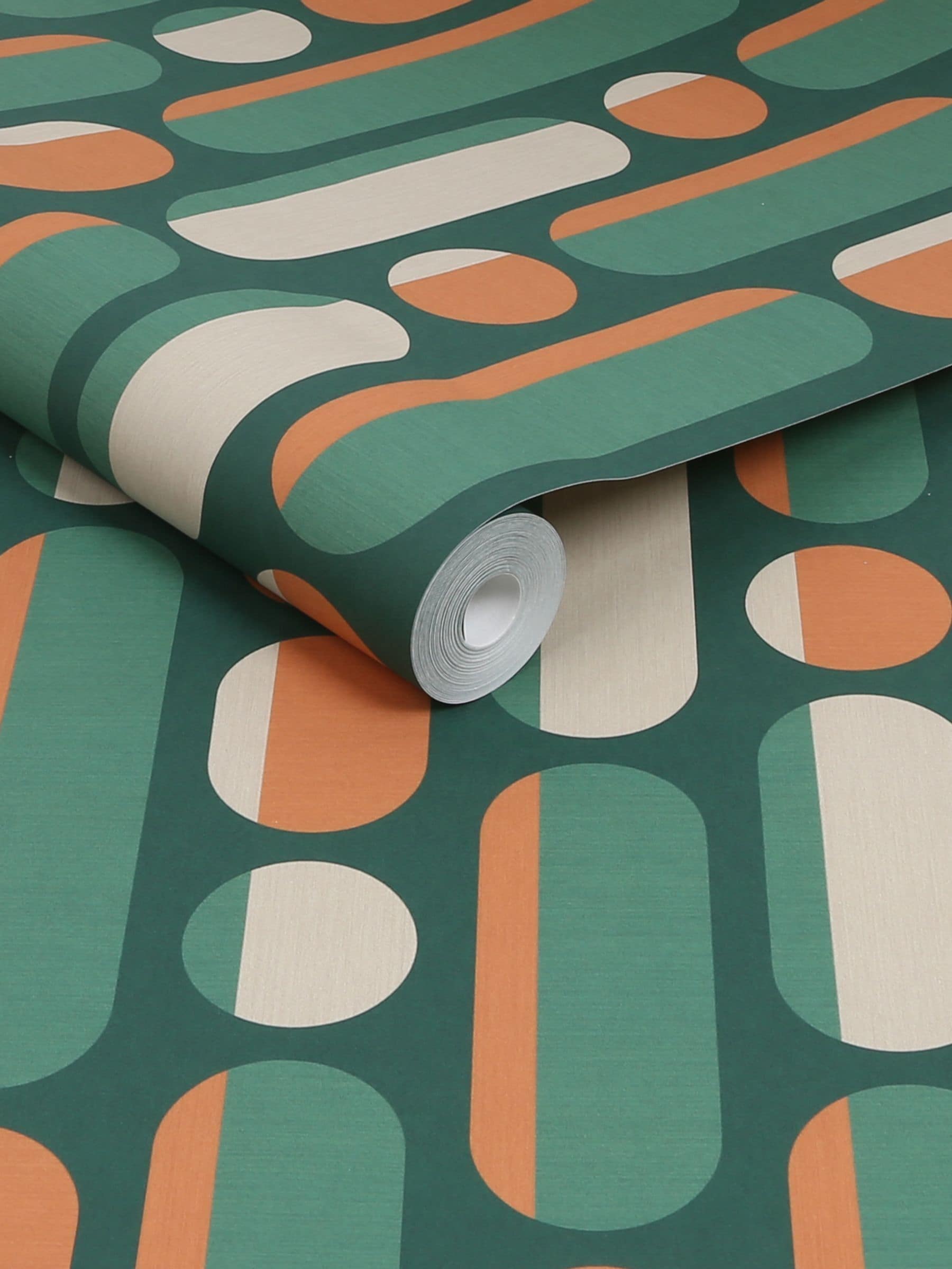 Graham & Brown Morse wallpaper sample bottle green burnt orange, UK version