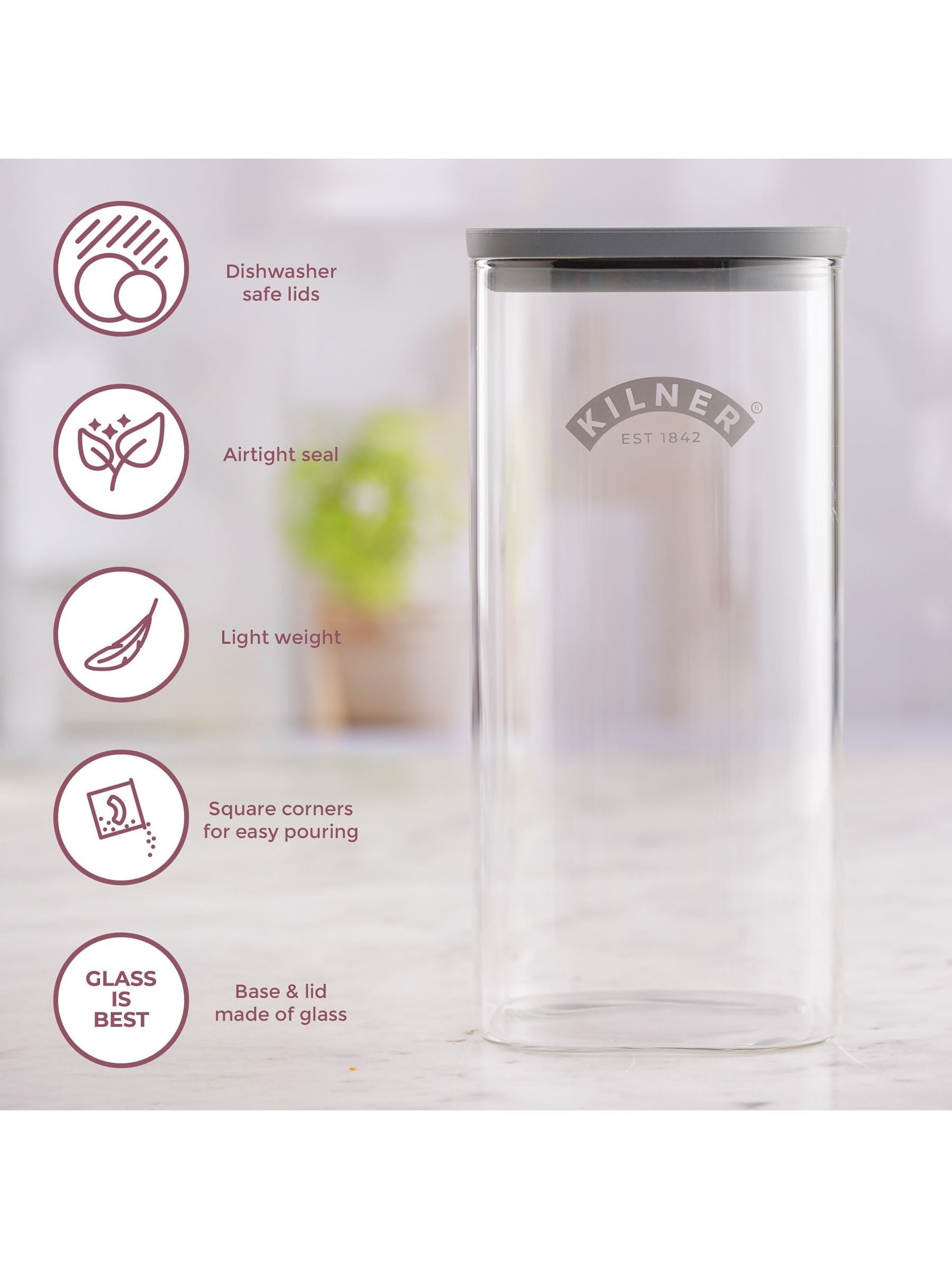 Kilner Fresh Storage Jars Square Glass 1.5 Litre 3 Pack, UK version