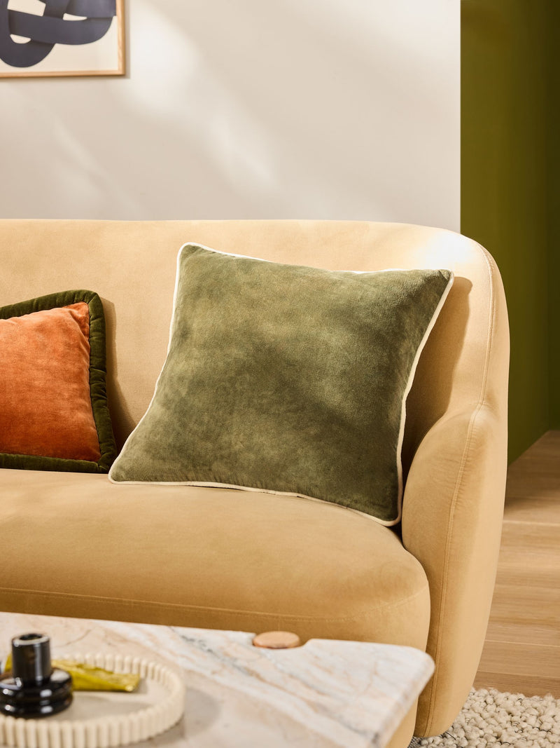 MADE.COM Khaki Green Bailey Cotton Velvet Piped Cushion