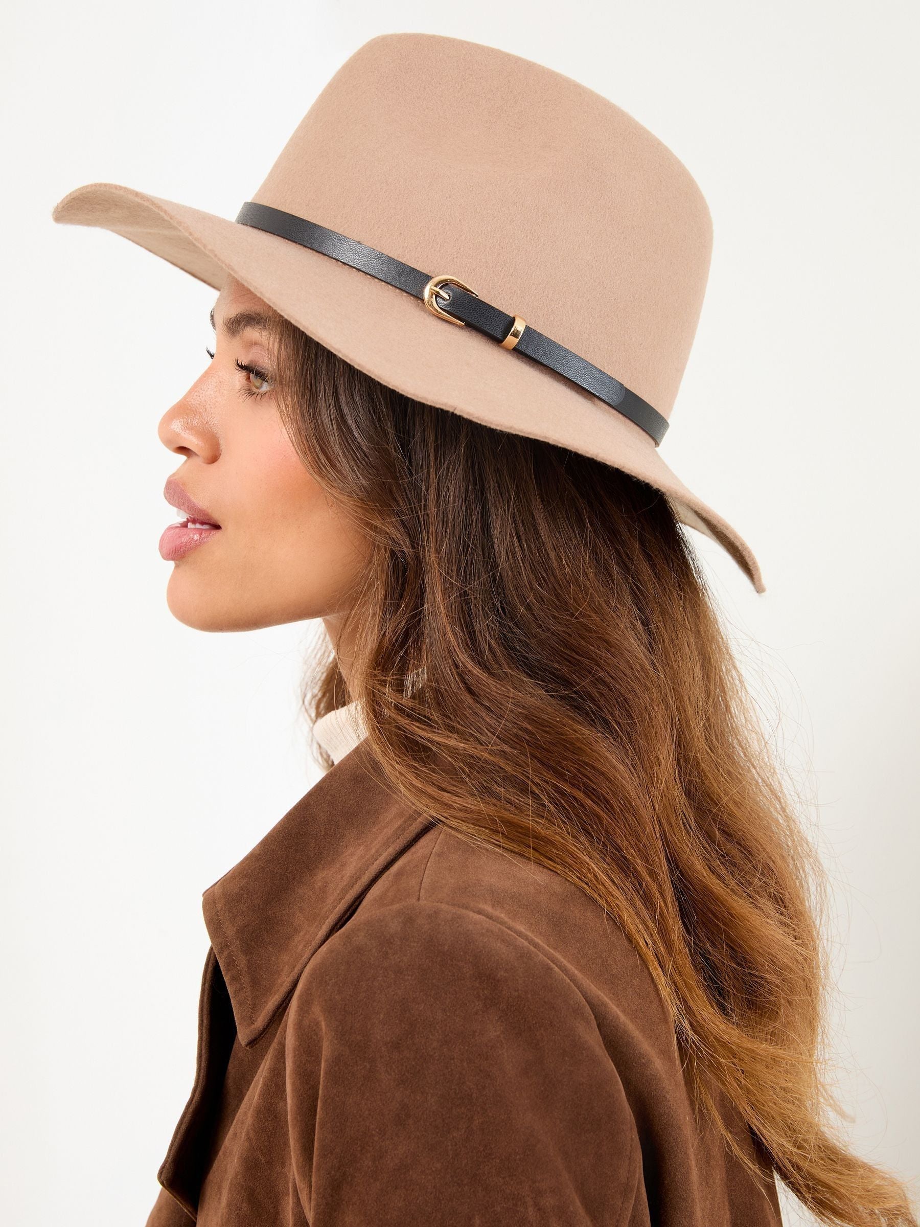 Lipsy neutral wool fedora hat with belt trim (British brand)