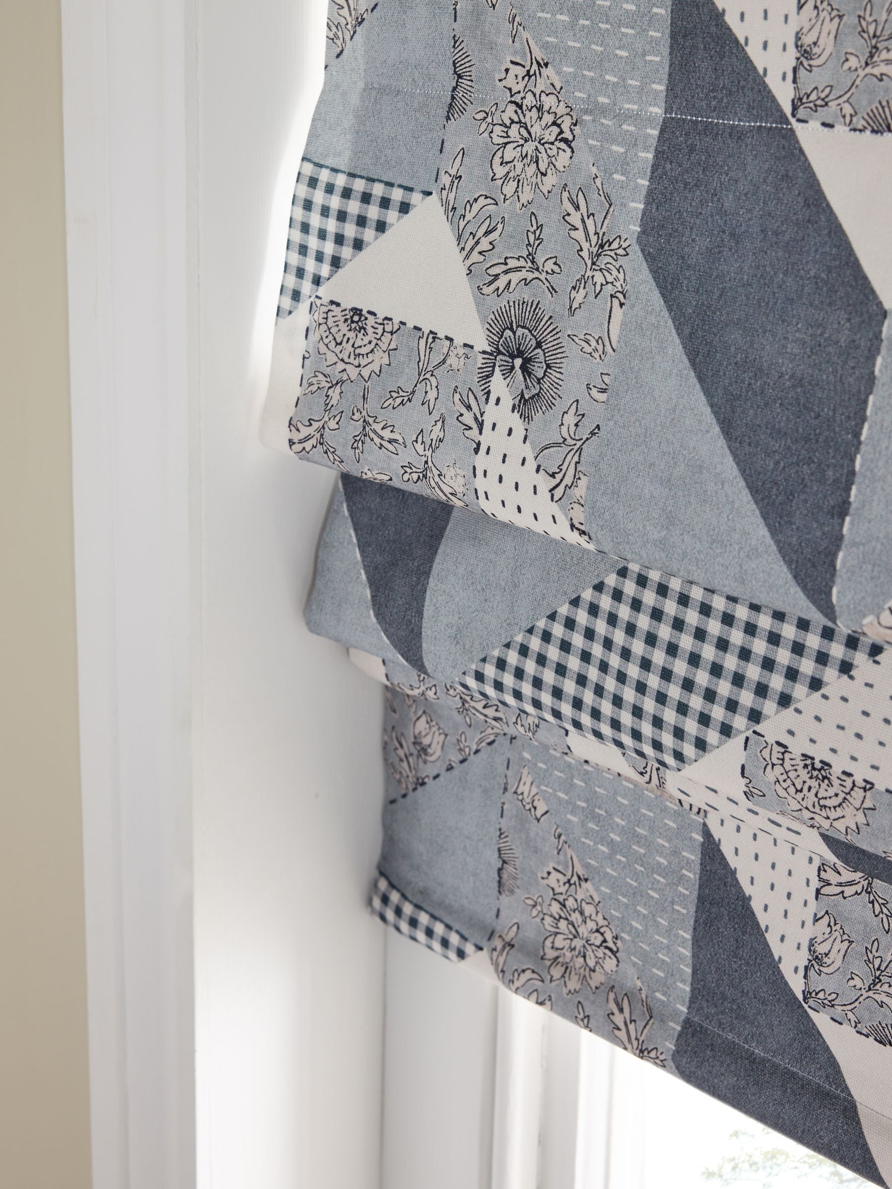Blue patchwork Roman blind with blackout and thermal lining (British brand)