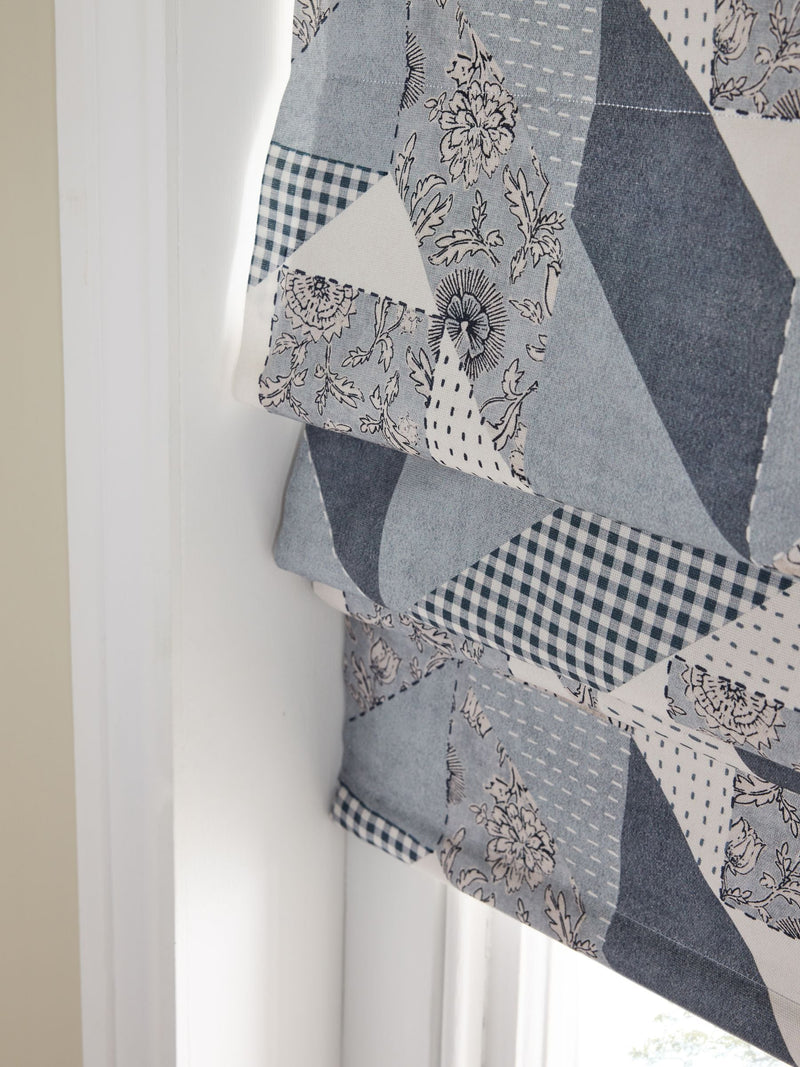 Blue patchwork Roman blind with blackout and thermal lining (British brand)