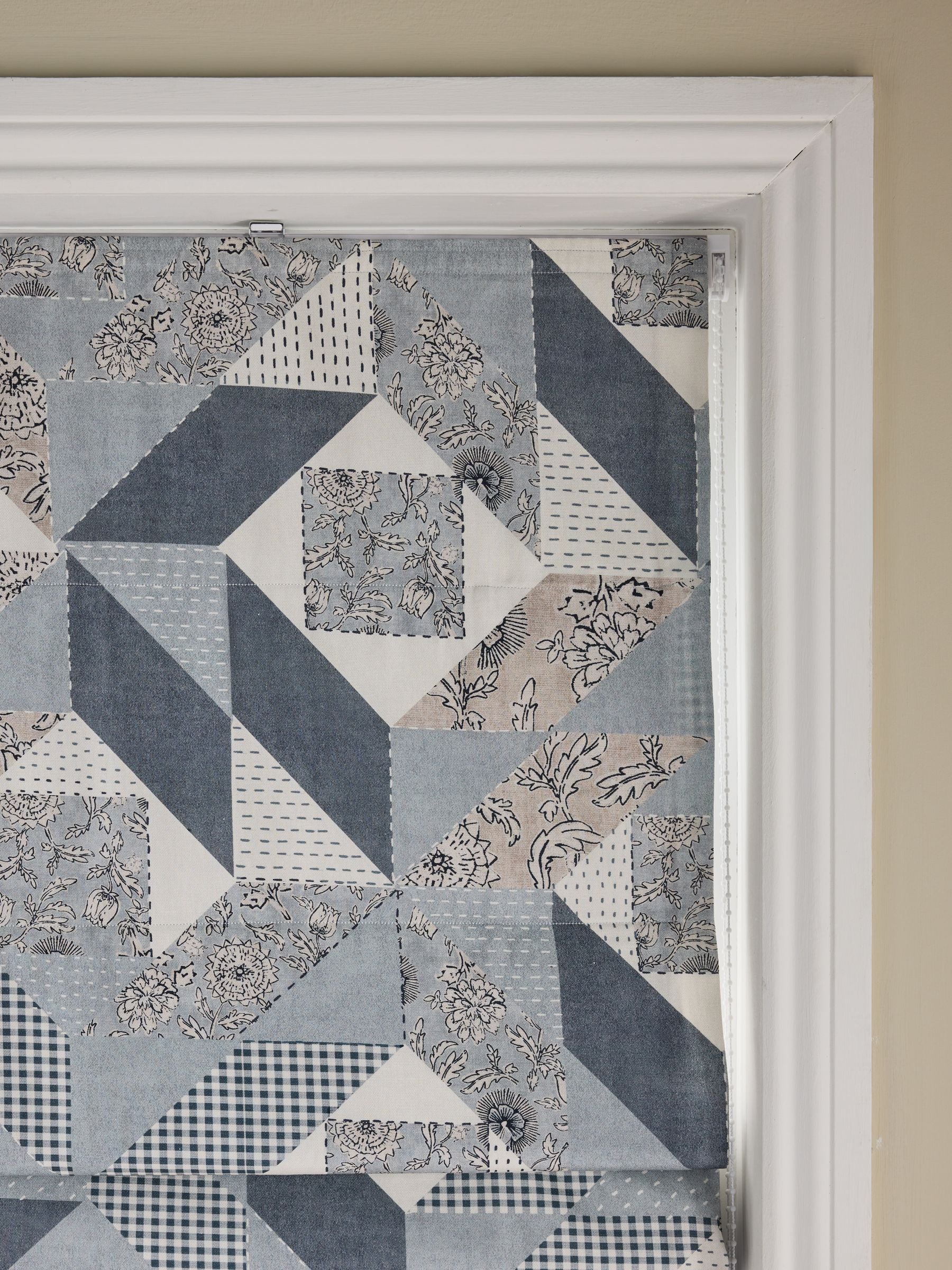 Blue patchwork Roman blind with blackout and thermal lining (British brand)