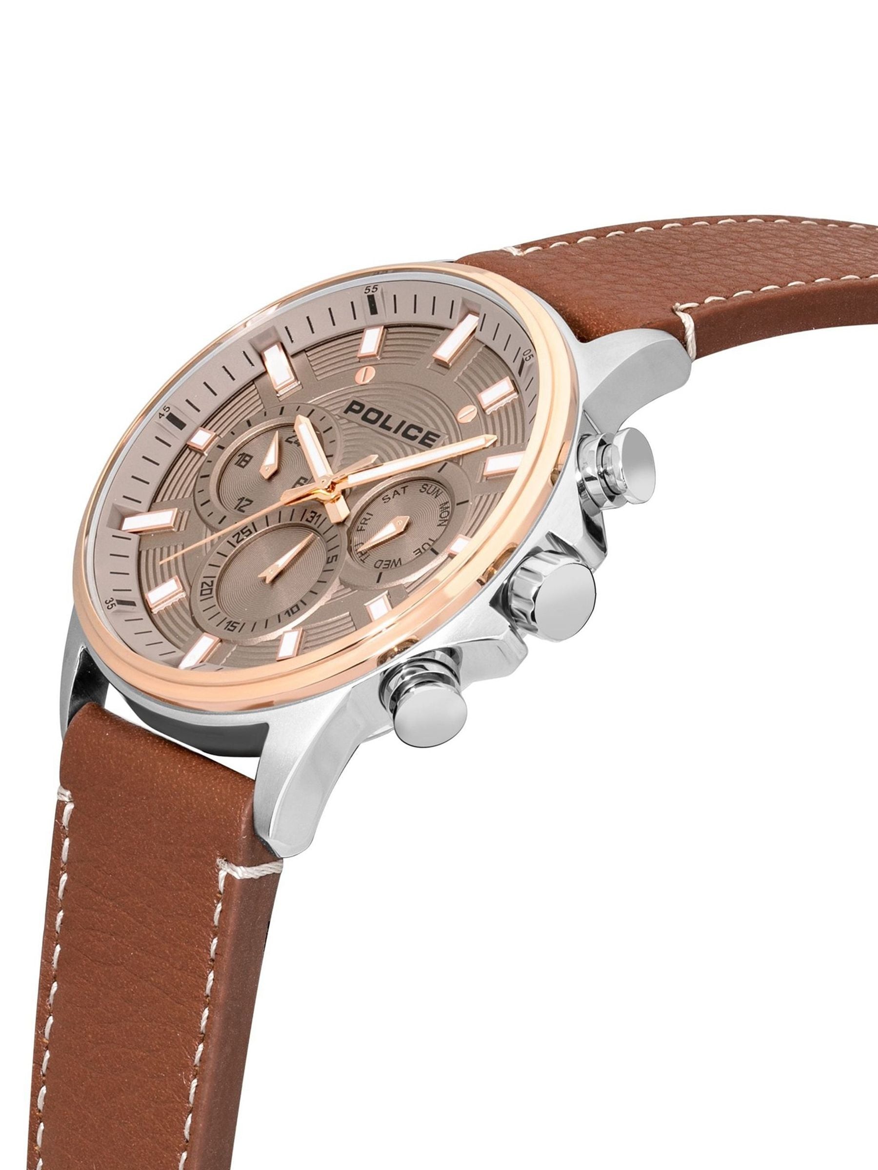 Police Kismet multifunction dial brown leather strap watch 47mm, imported from the UK