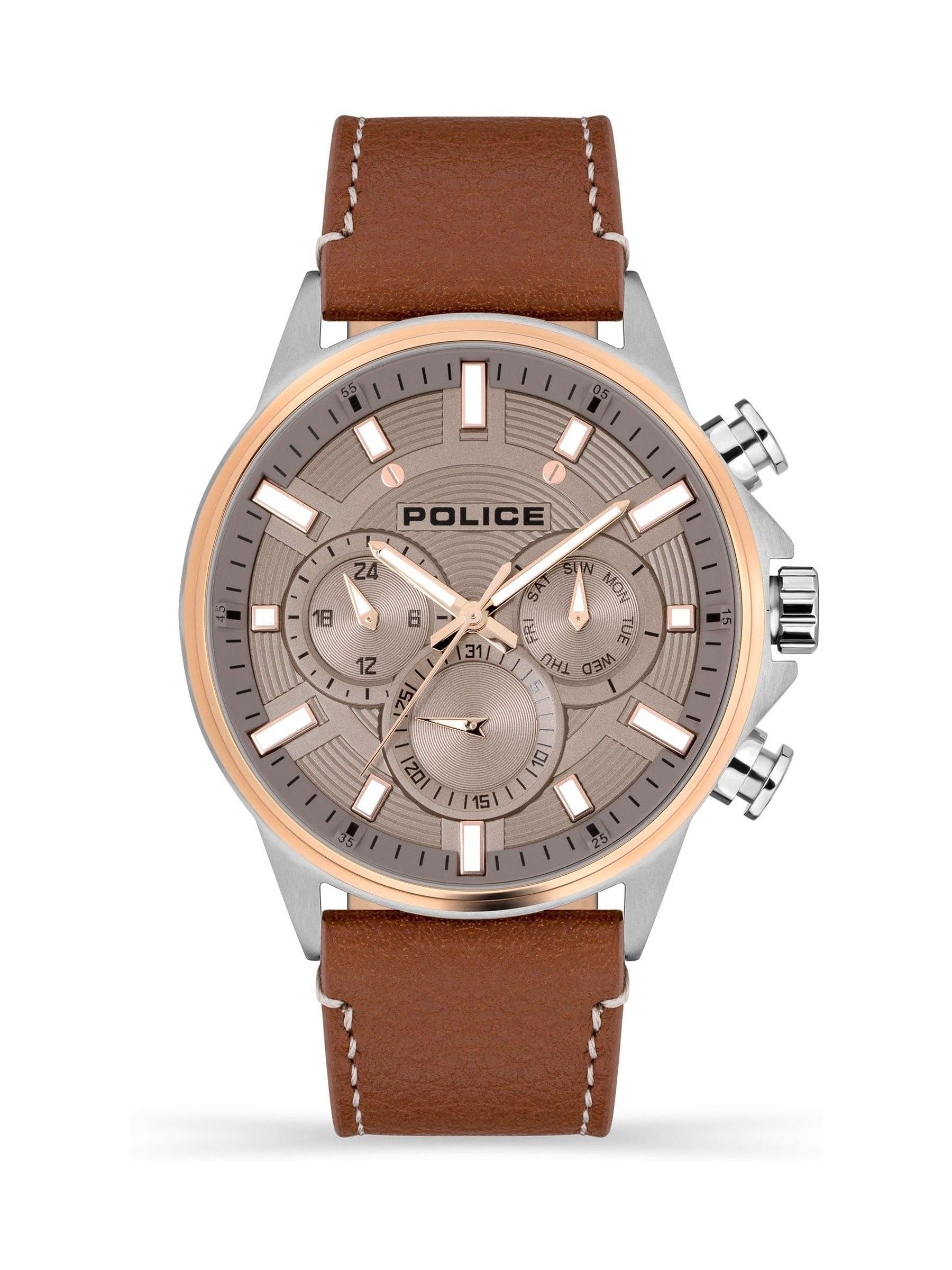 Police Kismet multifunction dial brown leather strap watch 47mm, imported from the UK