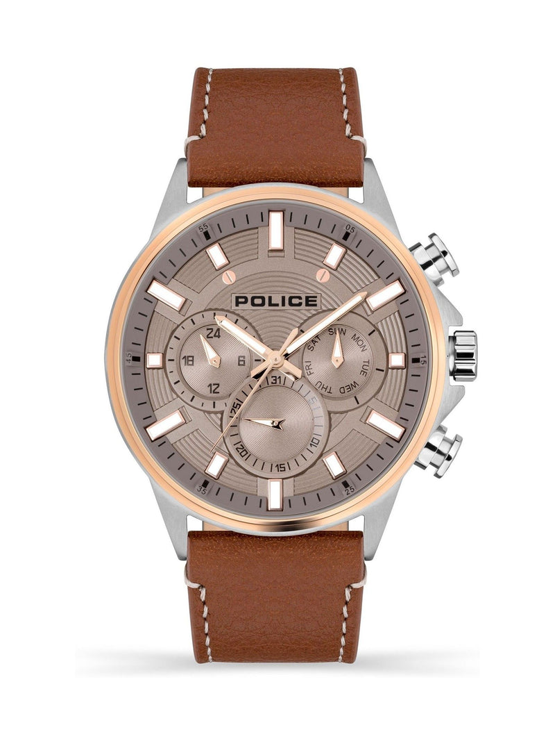 Police Kismet multifunction dial brown leather strap watch 47mm, imported from the UK