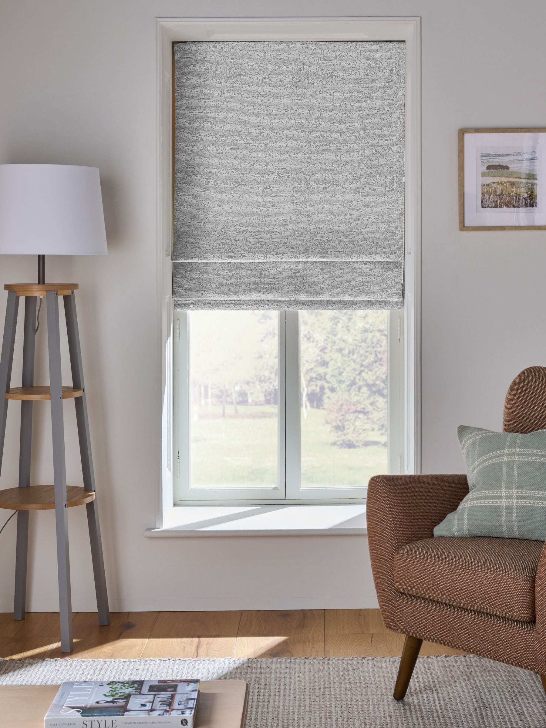 Light grey bouclé roman blind with blackout thermal lining (British brand)