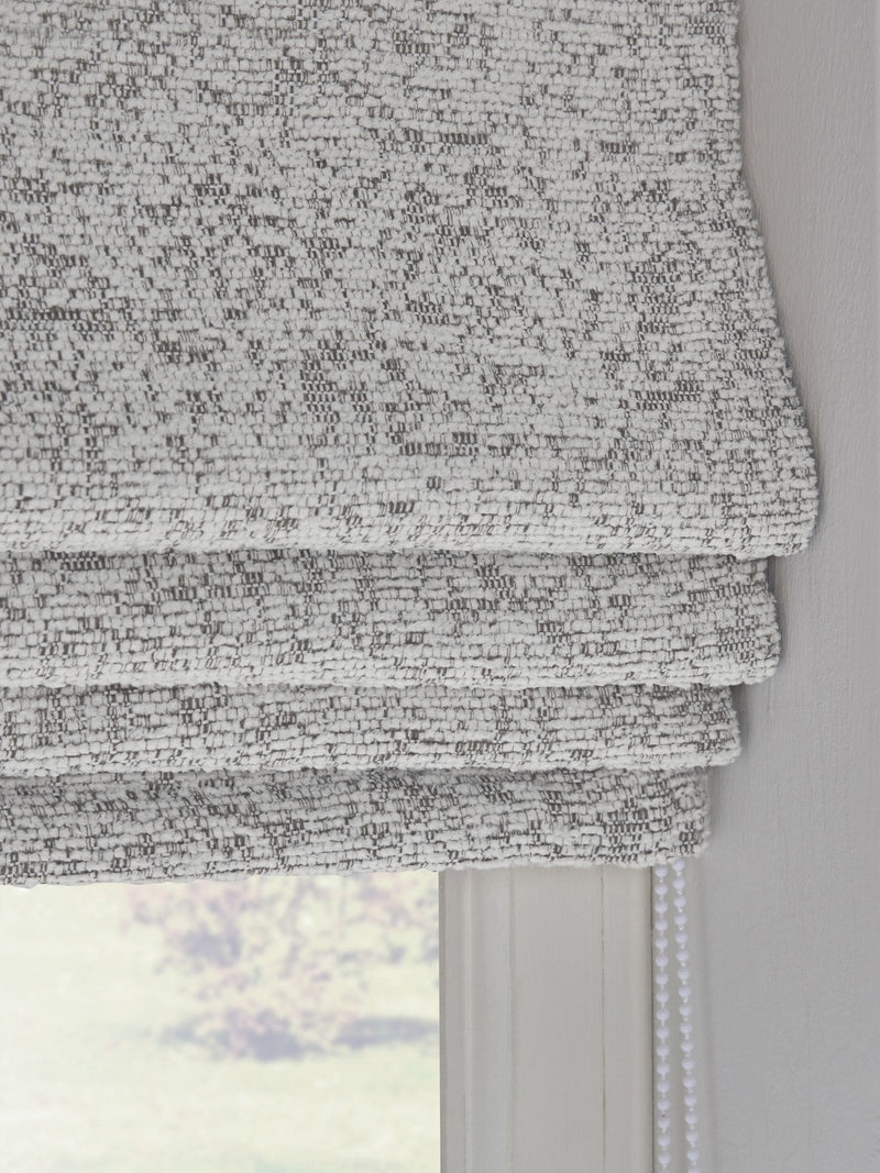 Light grey bouclé roman blind with blackout thermal lining (British brand)