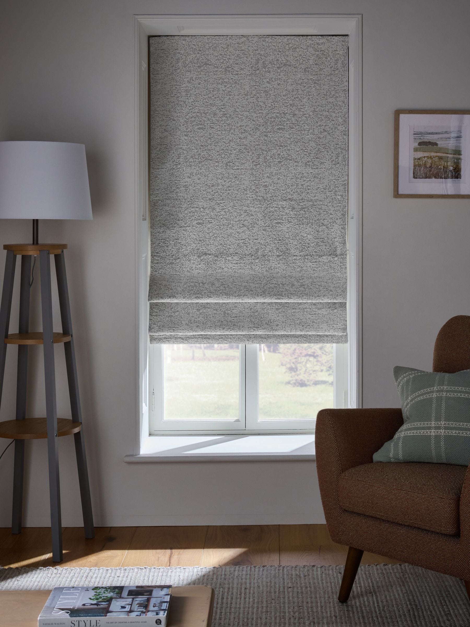 Light grey bouclé roman blind with blackout thermal lining (British brand)
