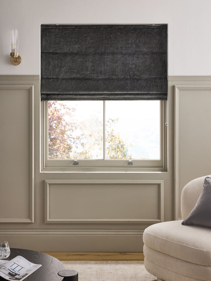 Charcoal grey chenille roman blind with blackout lining - British product