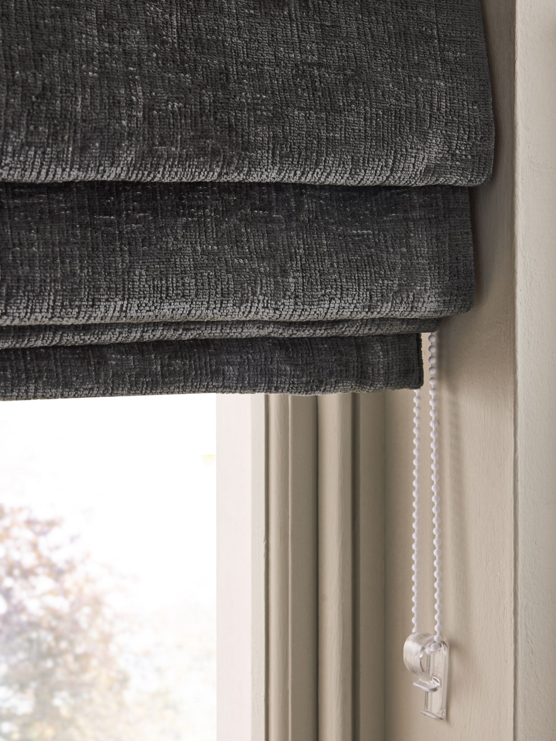 Charcoal grey chenille roman blind with blackout lining - British product