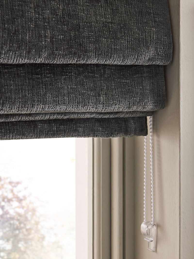 Charcoal grey chenille roman blind with blackout lining - British product