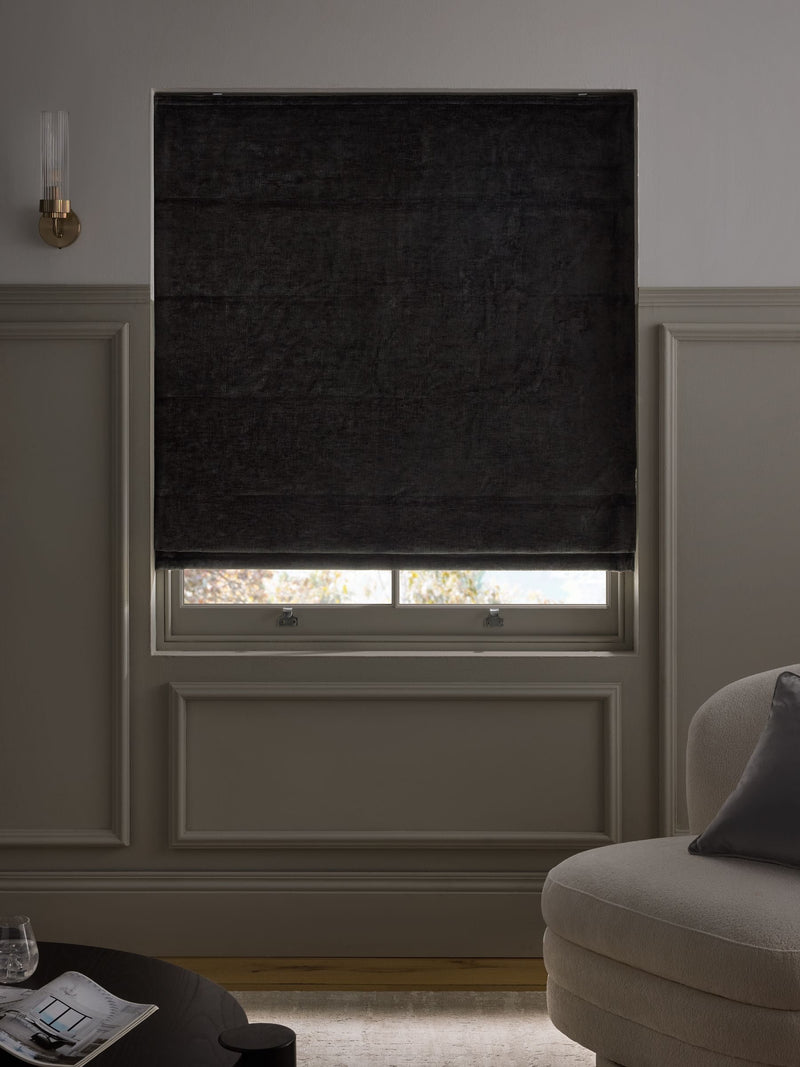Charcoal grey chenille roman blind with blackout lining - British product