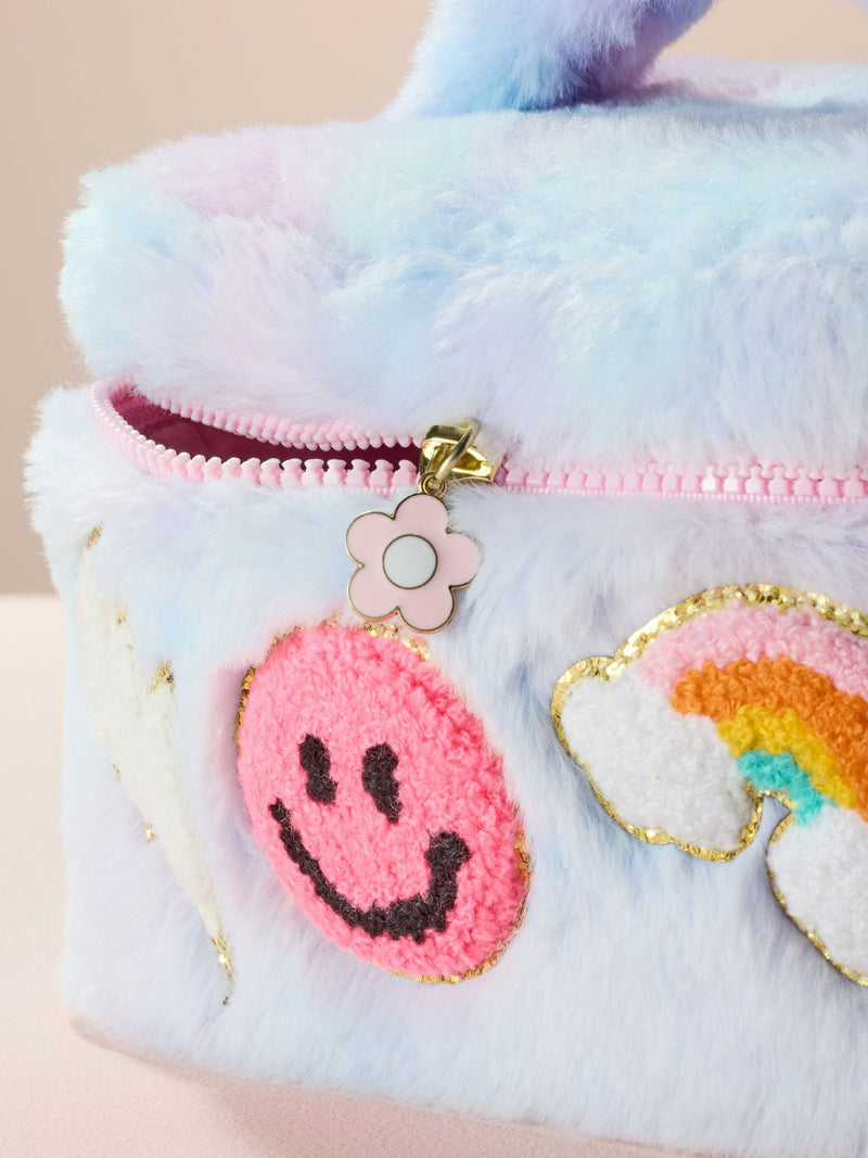 Girls smiley face makeup bag in faux fur polyester, imported from the UK
